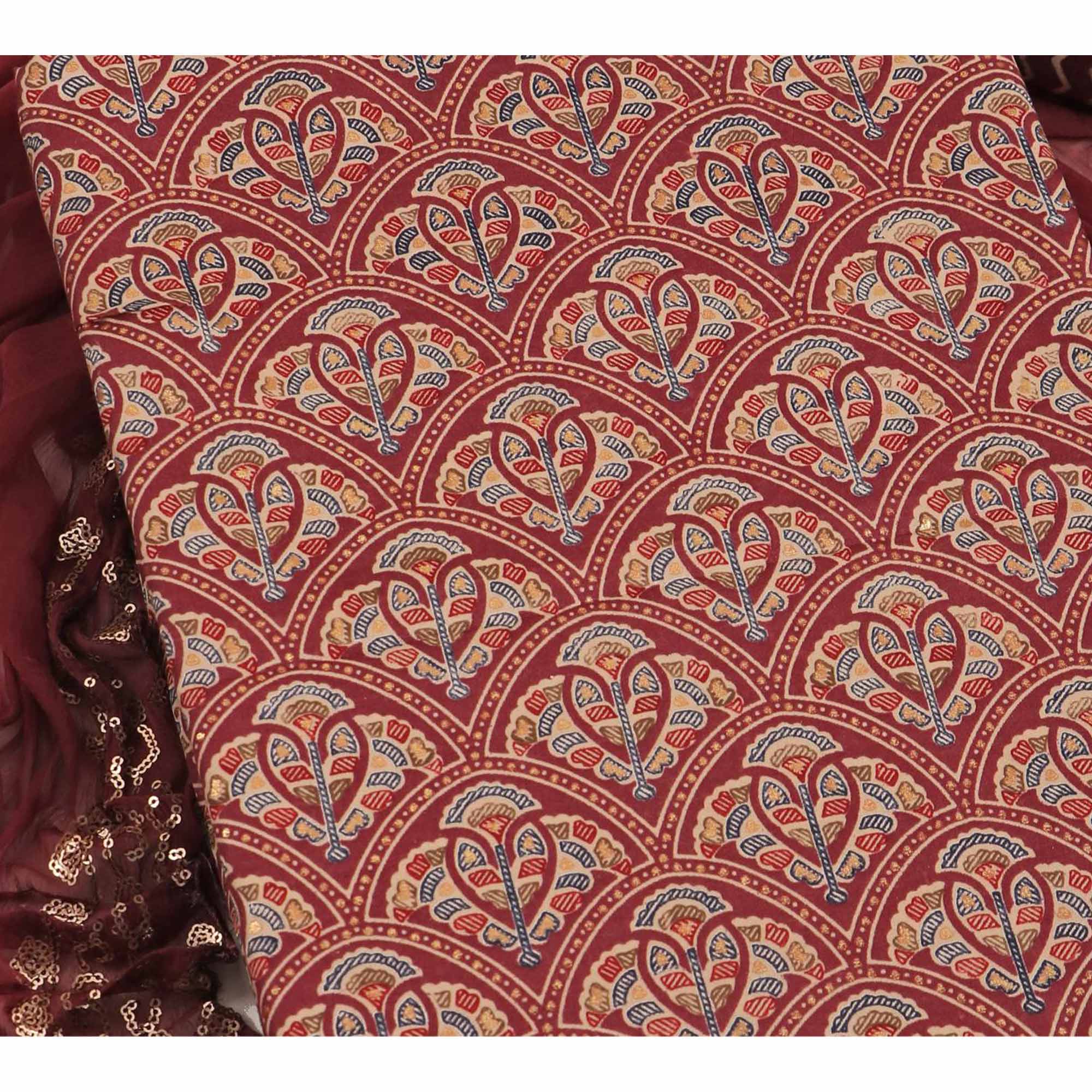 Wine Floral Foil Printed Cotton Blend Dress Material