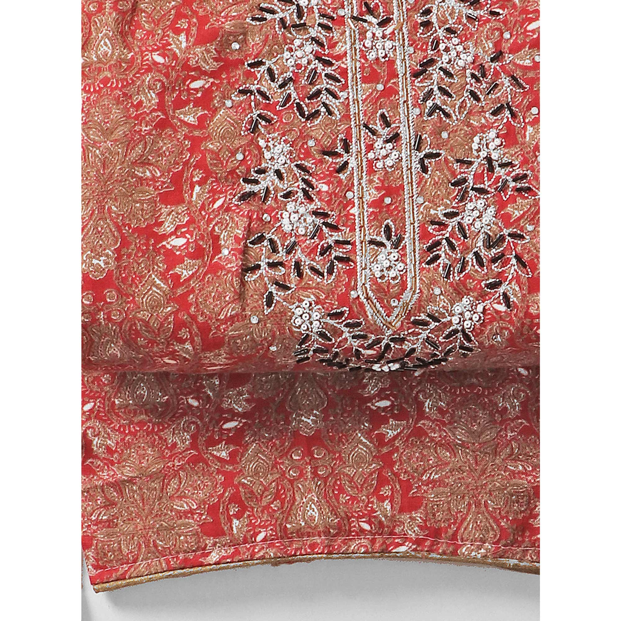 Gajari Pink Floral Printed With Hand Embroidery Pure Cotton Dress Material