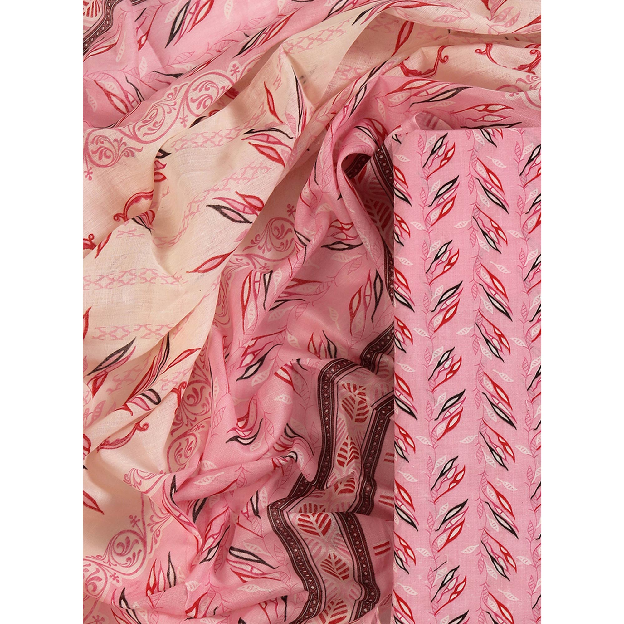 Fresh Pink Dress Material in Pure Cotton with Subtle Leaf Print Accents