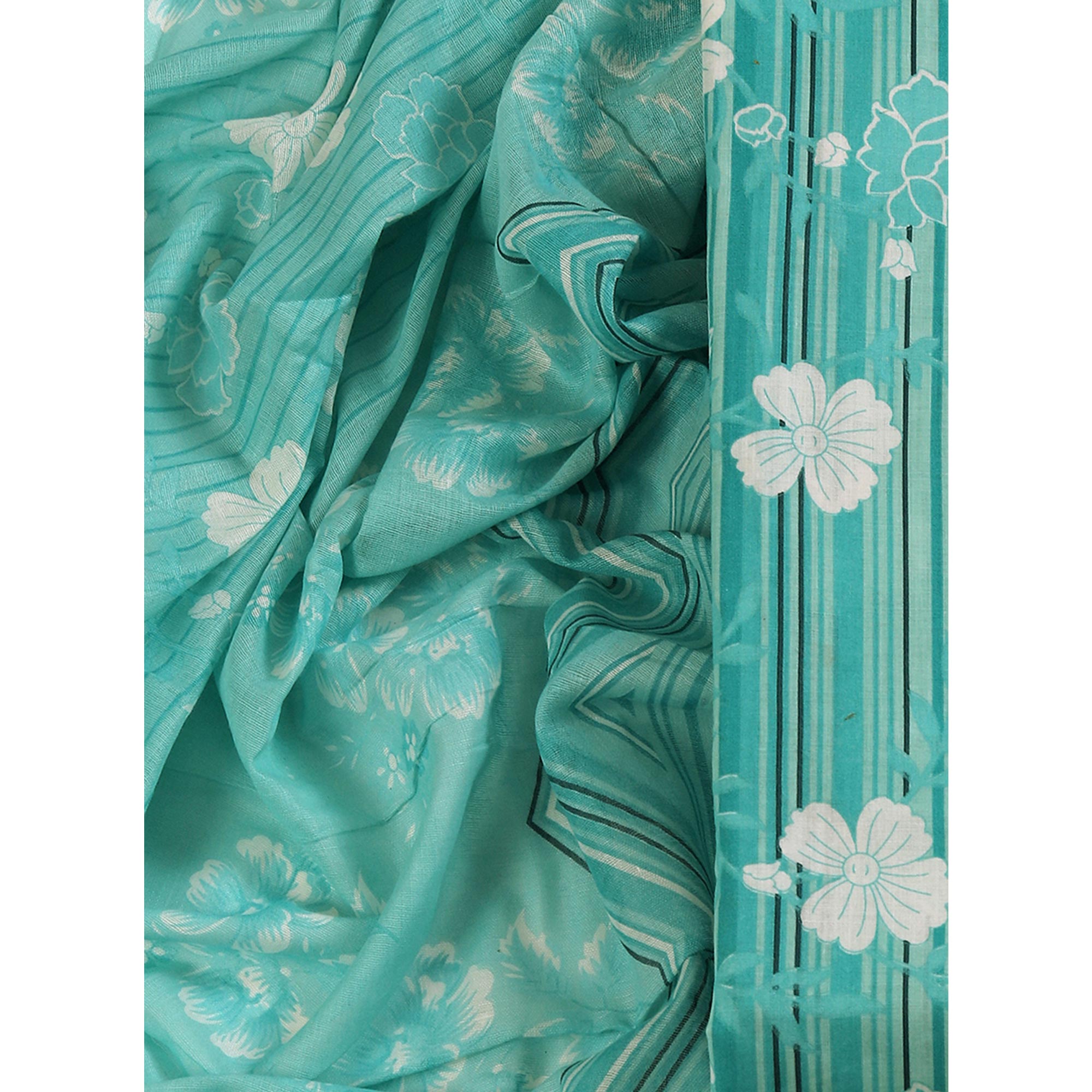 Elegant Sea Green Pure Cotton Ensemble Showcasing Subtle Floral Print Work Dress Material