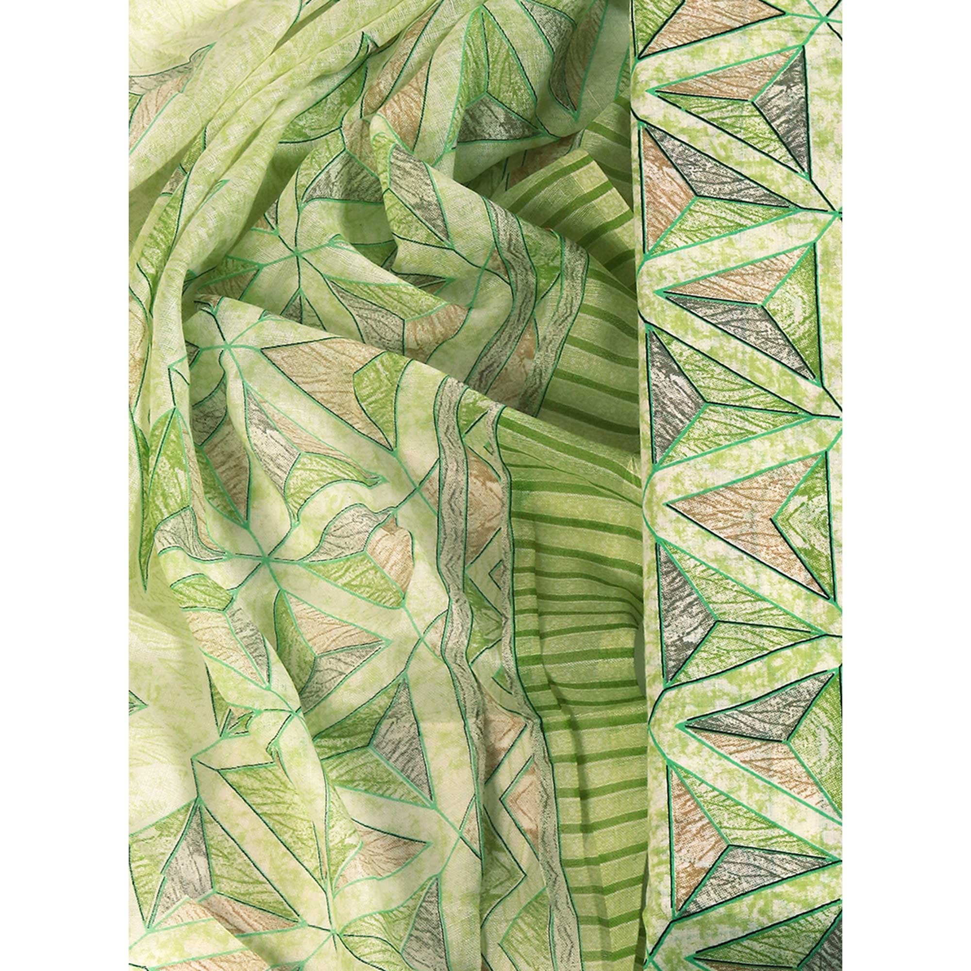 Green Pure Cotton Dress Material with Contemporary Geometric Prints