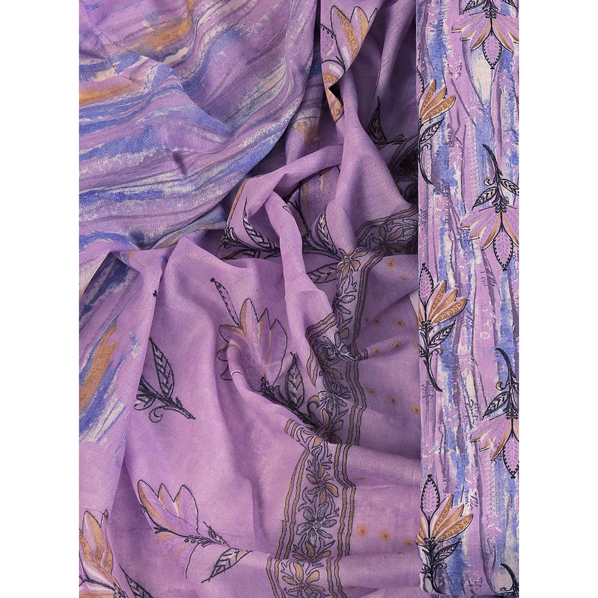 Lavender Pure Cotton Ensemble with All-Over Floral Motif Designs Dress Material