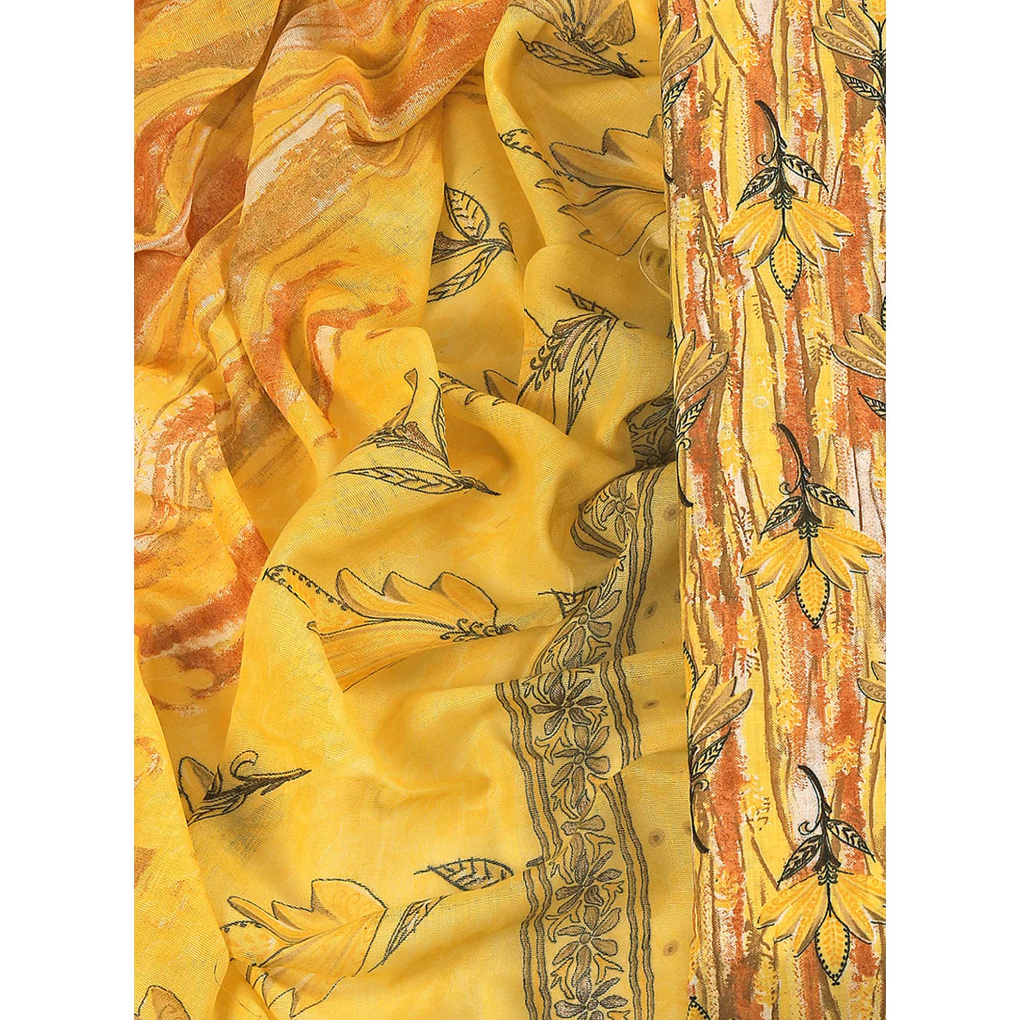 Yellow Pure Cotton Ensemble with All-Over Floral Motif Designs Dress Material