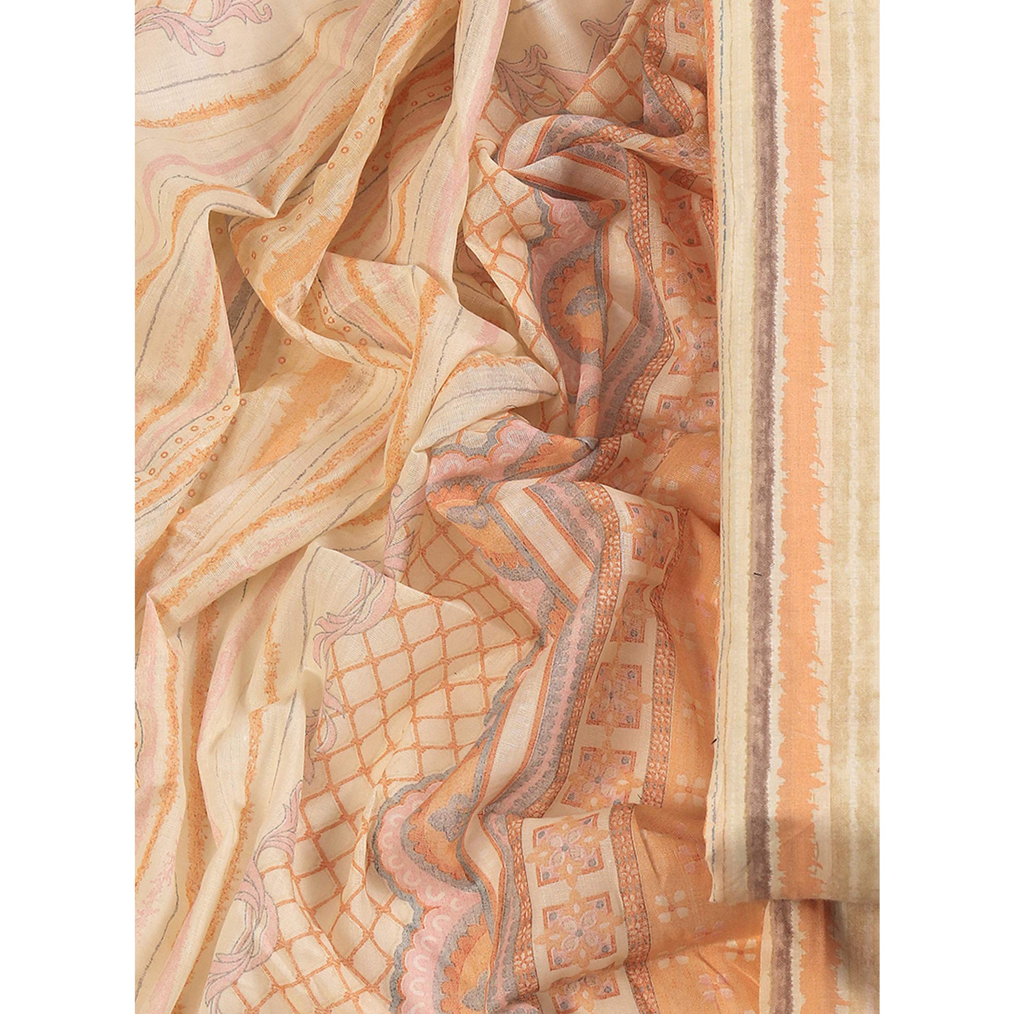 Classic Striped Design in Soft Beige Pure Cotton Unstitched Dress Material