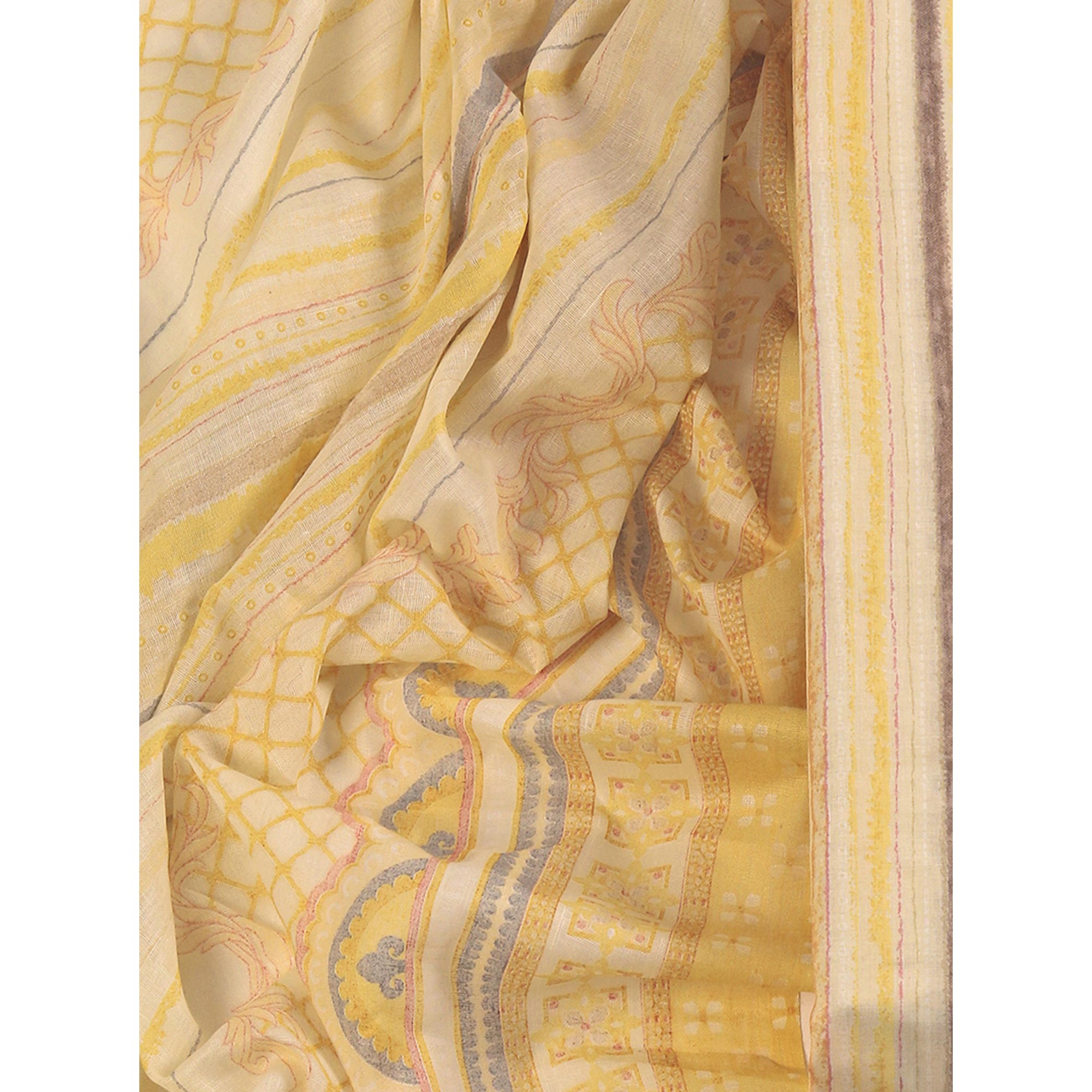 Classic Striped Design in Soft Yellow Pure Cotton Unstitched Dress Material