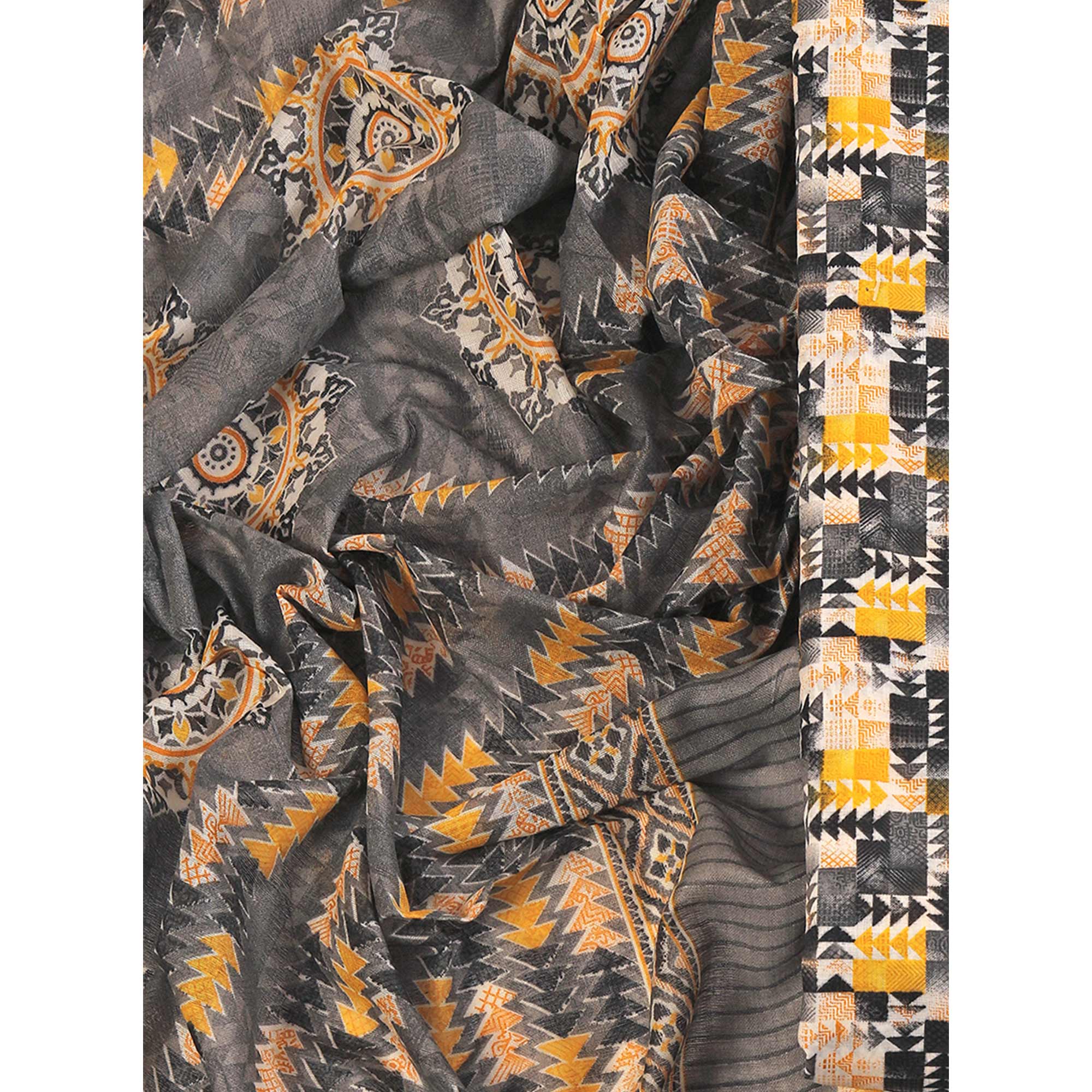 Cotton Dress Material Featuring a Grey and Yellow Palette with Artistic Geometric Patterns