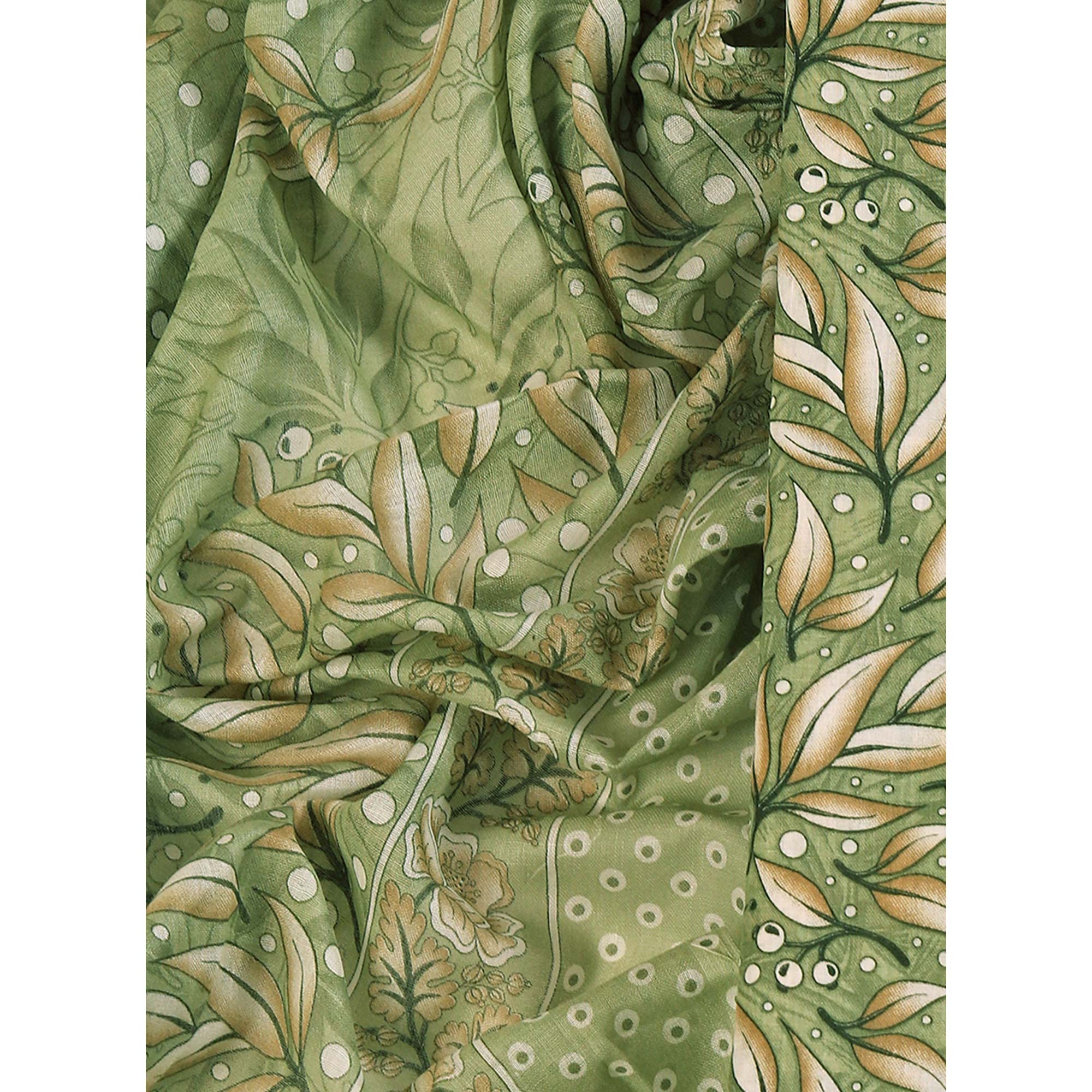 Pure Cotton Dress Material in Soothing Green with Artistic Floral Prints