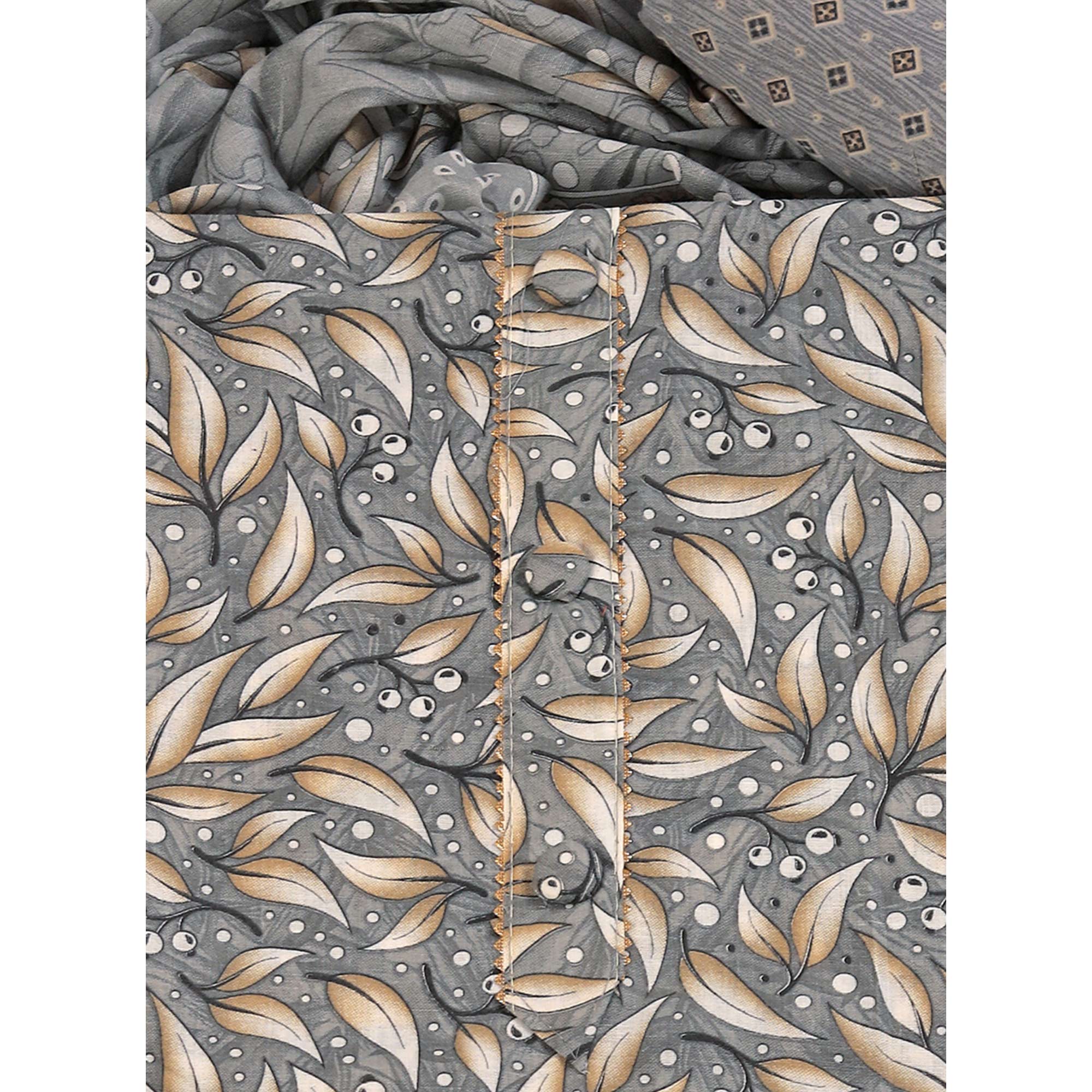 Pure Cotton Dress Material in Soothing Grey with Artistic Floral Prints