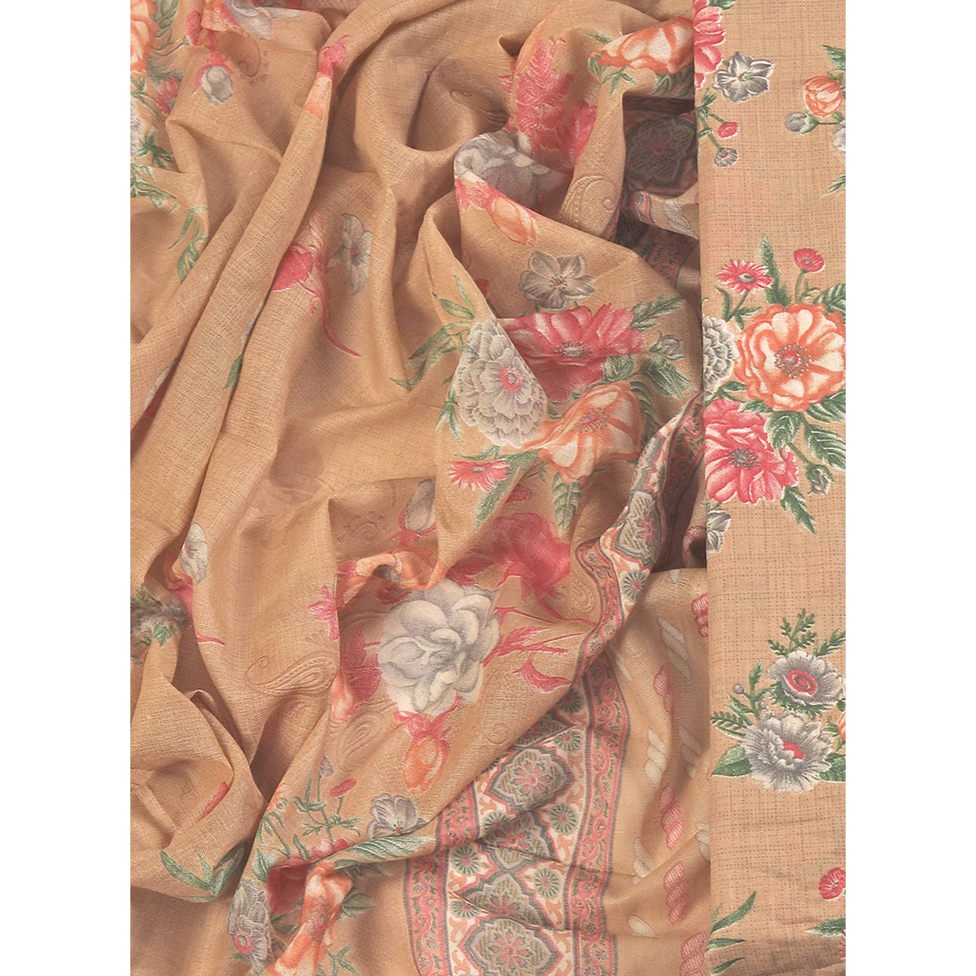 Charming Peach Dress Material in Pure Cotton with Subtle Floral Pattern Work