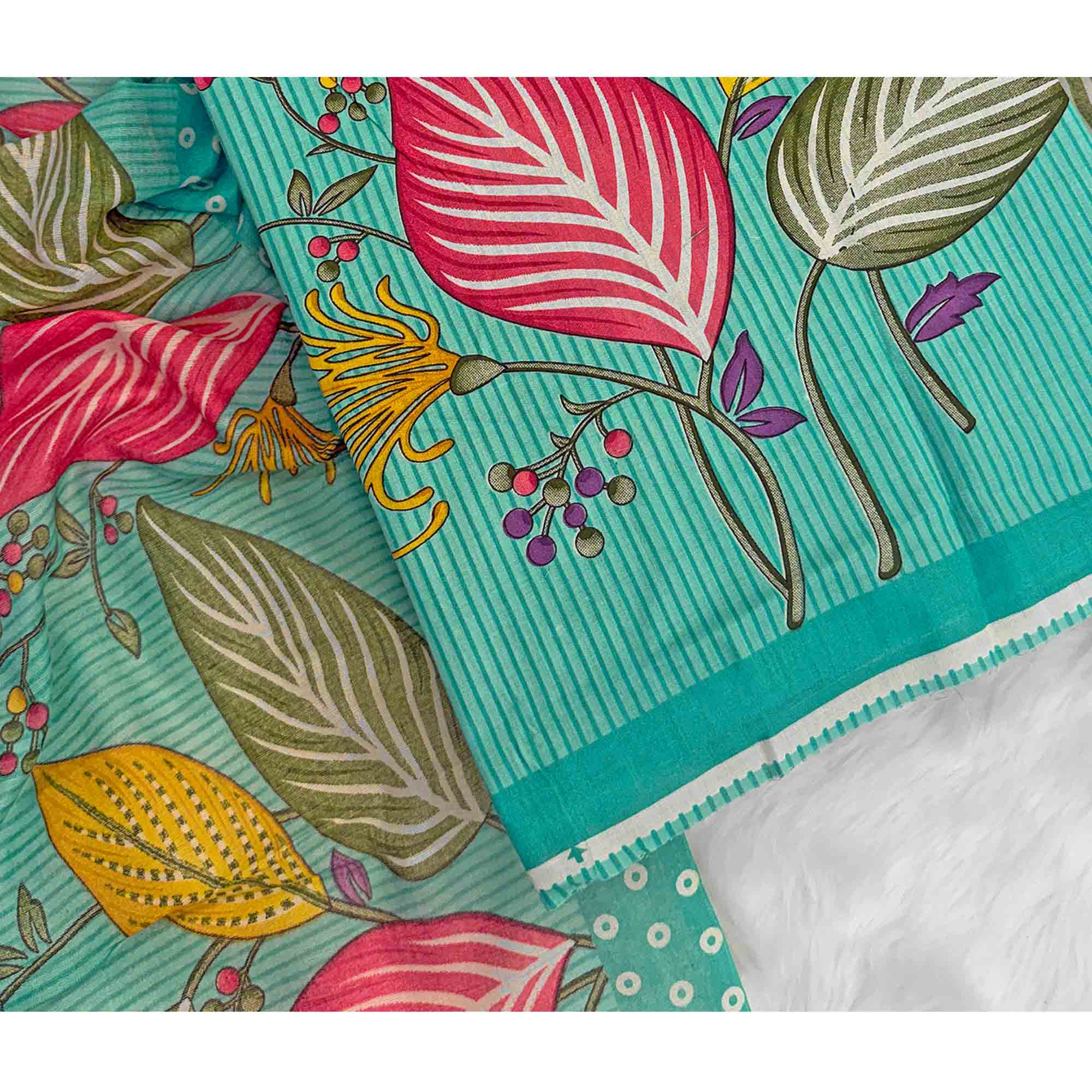 Turquoise Floral & Striped Printed Pure Cotton Dress Material With Elegant Detailing