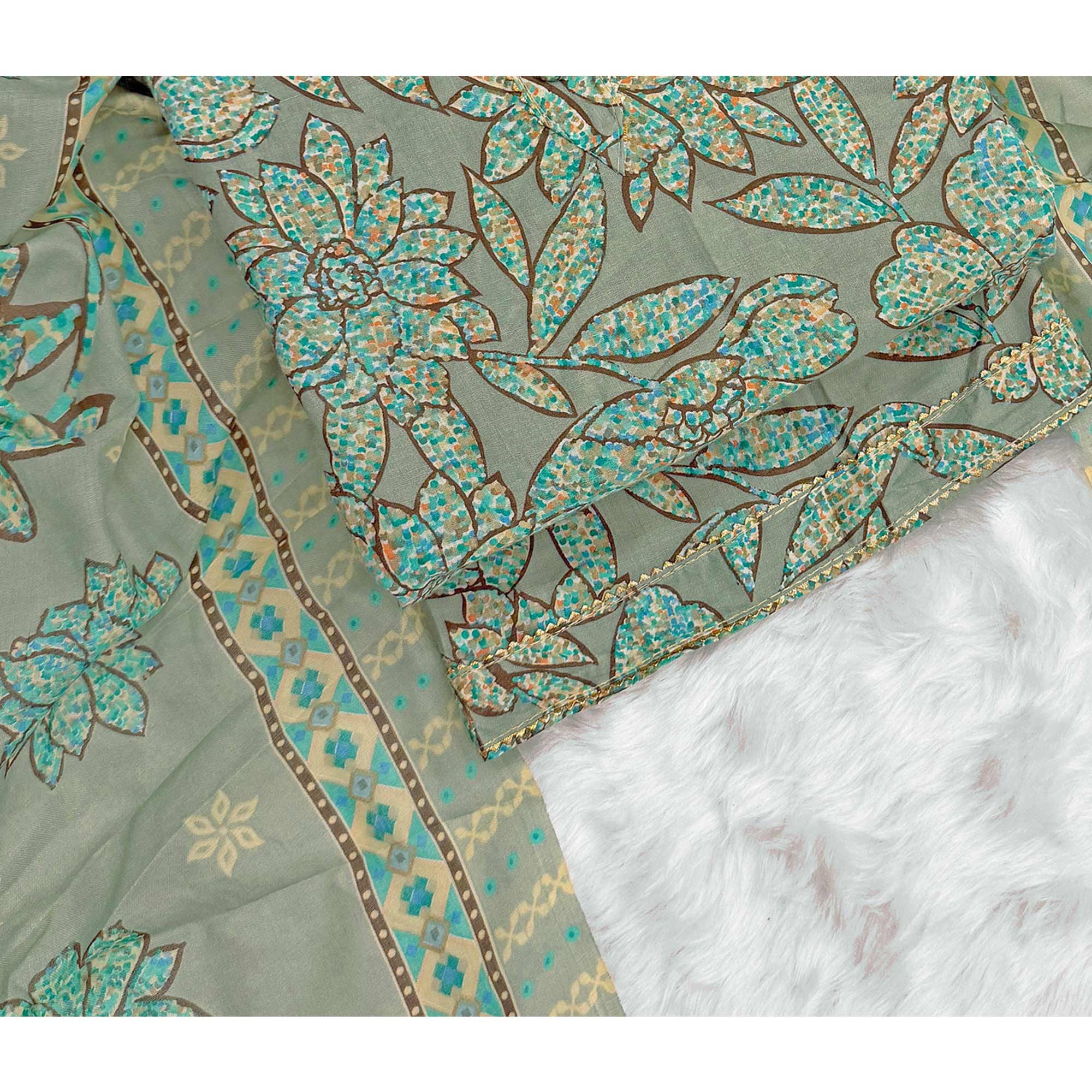 Dusty Sea Green Floral Printed Pure Cotton Dress Material With Elegant Everyday Appeal