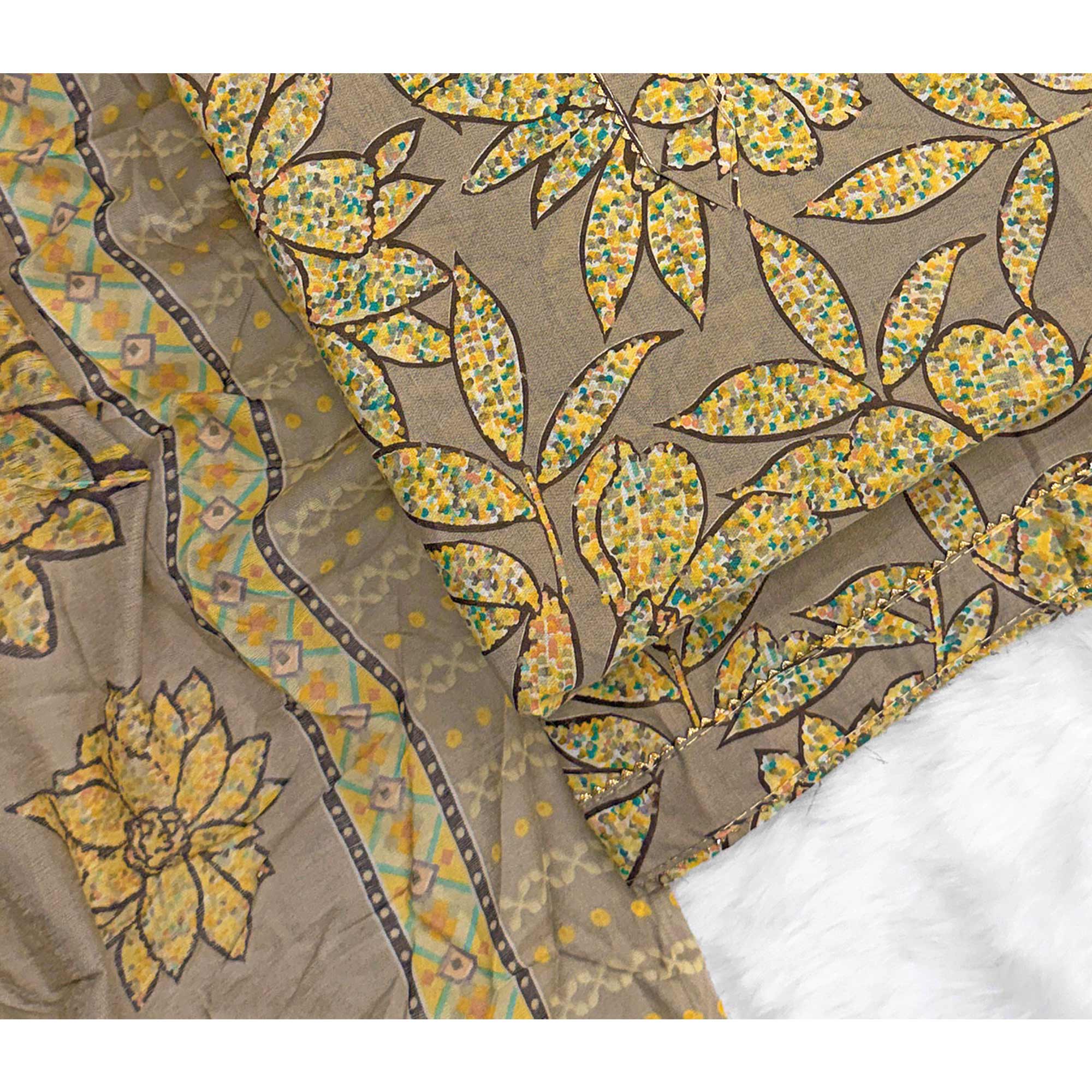 Brown & Yellow Floral Printed Pure Cotton Dress Material With Elegant Everyday Appeal