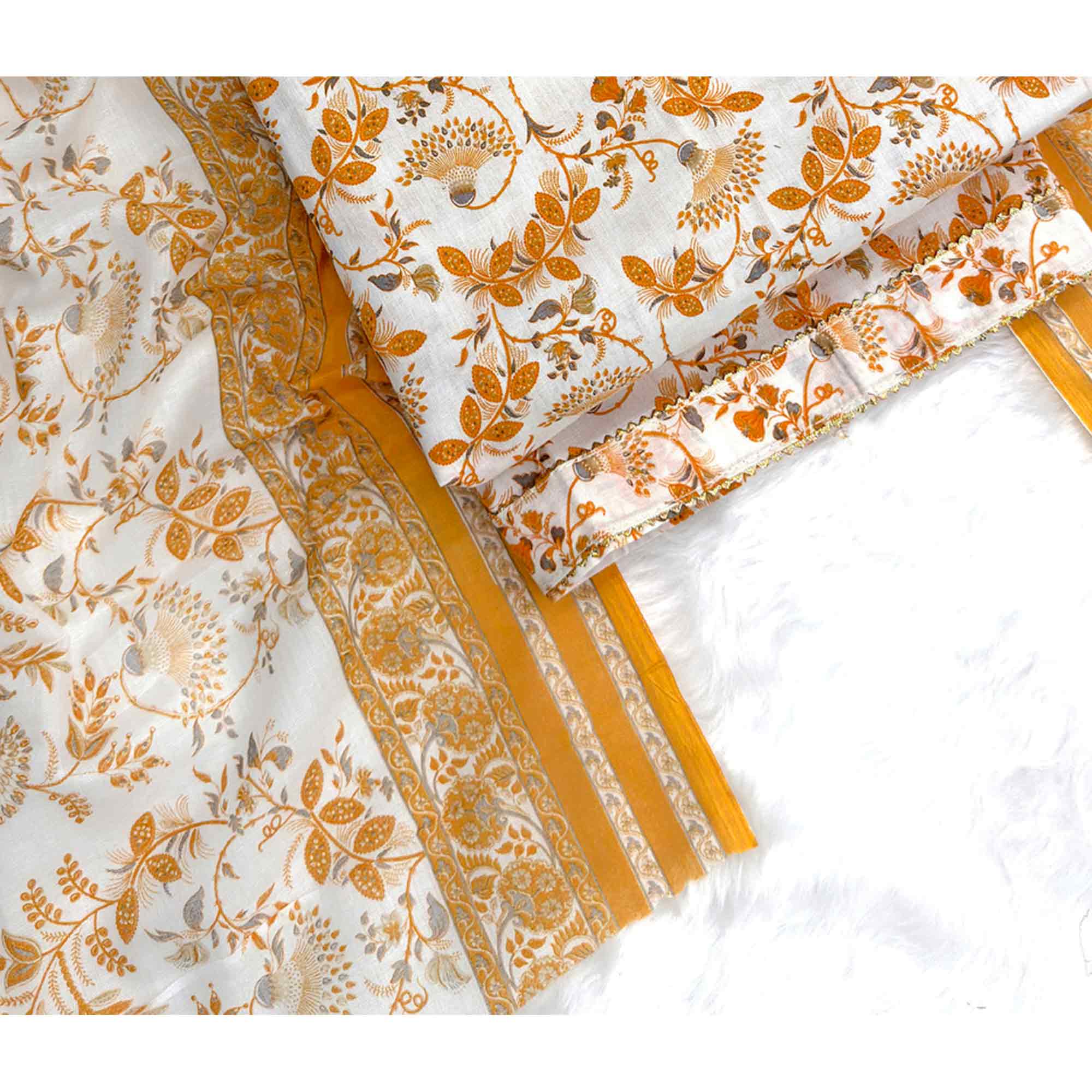 Elegant Mustard Floral Printed Pure Cotton Dress Material With Tie Neck & Fancy Button