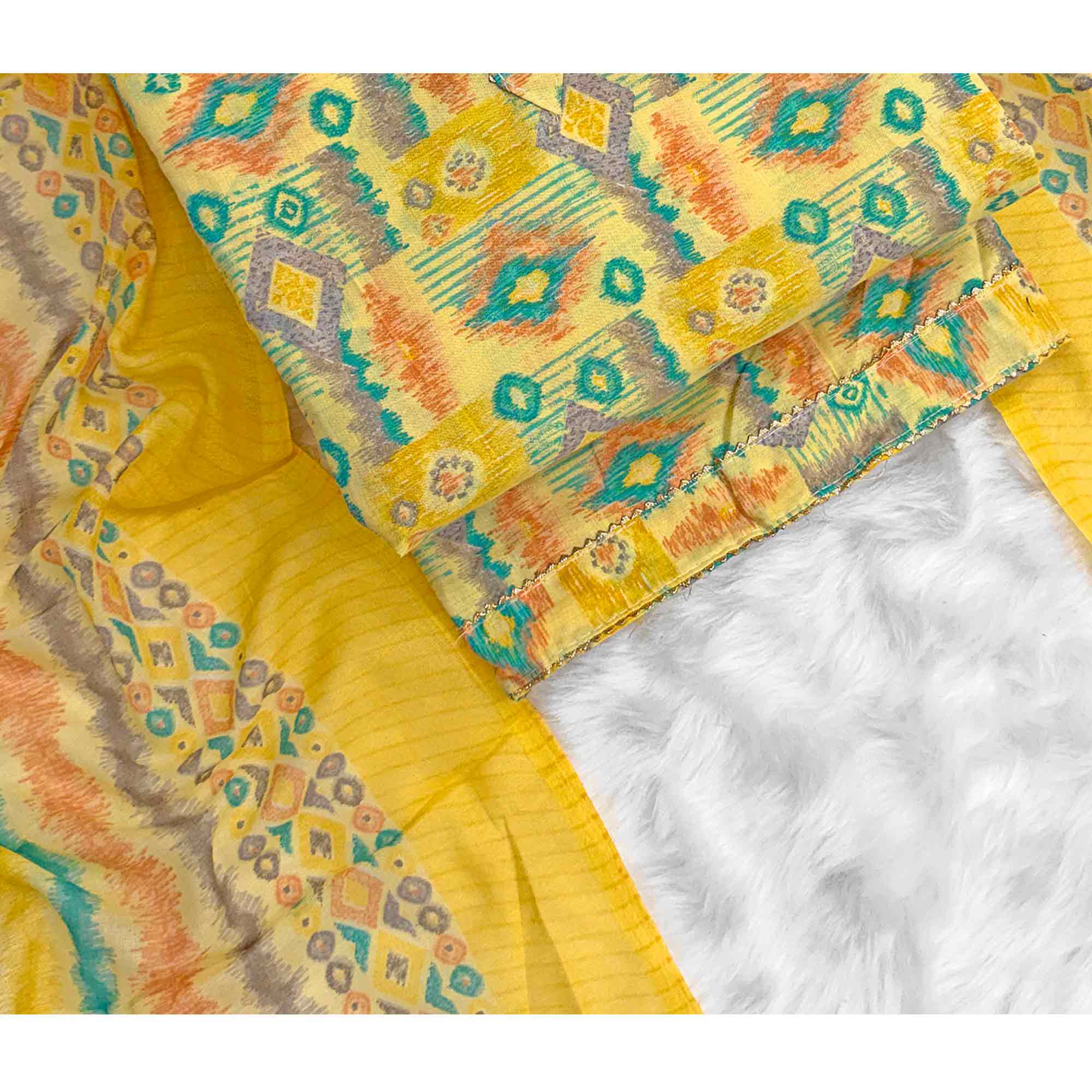 Yellow Contemporary Ikat & Geometric Style Print Pure Cotton Dress Material With Decorative Button