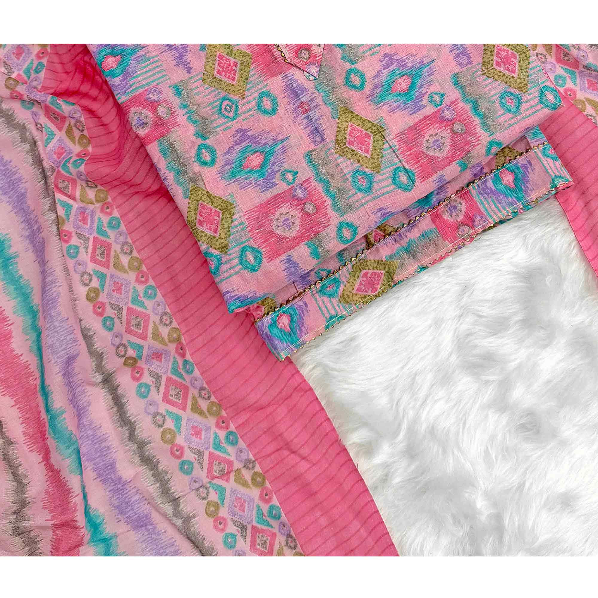 Pink Contemporary Ikat & Geometric Style Print Pure Cotton Dress Material With Decorative Button