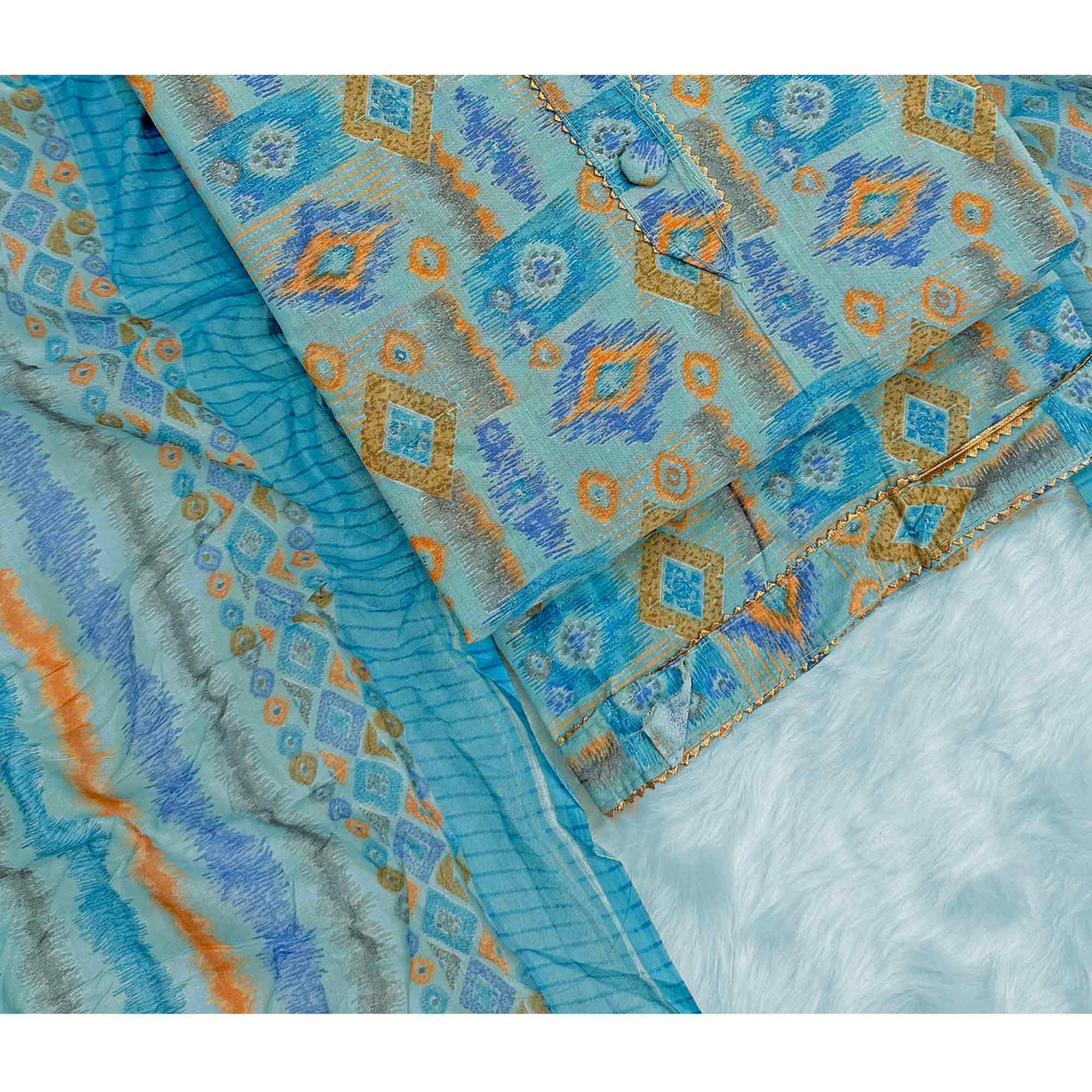 Blue Contemporary Ikat & Geometric Style Print Pure Cotton Dress Material With Decorative Button