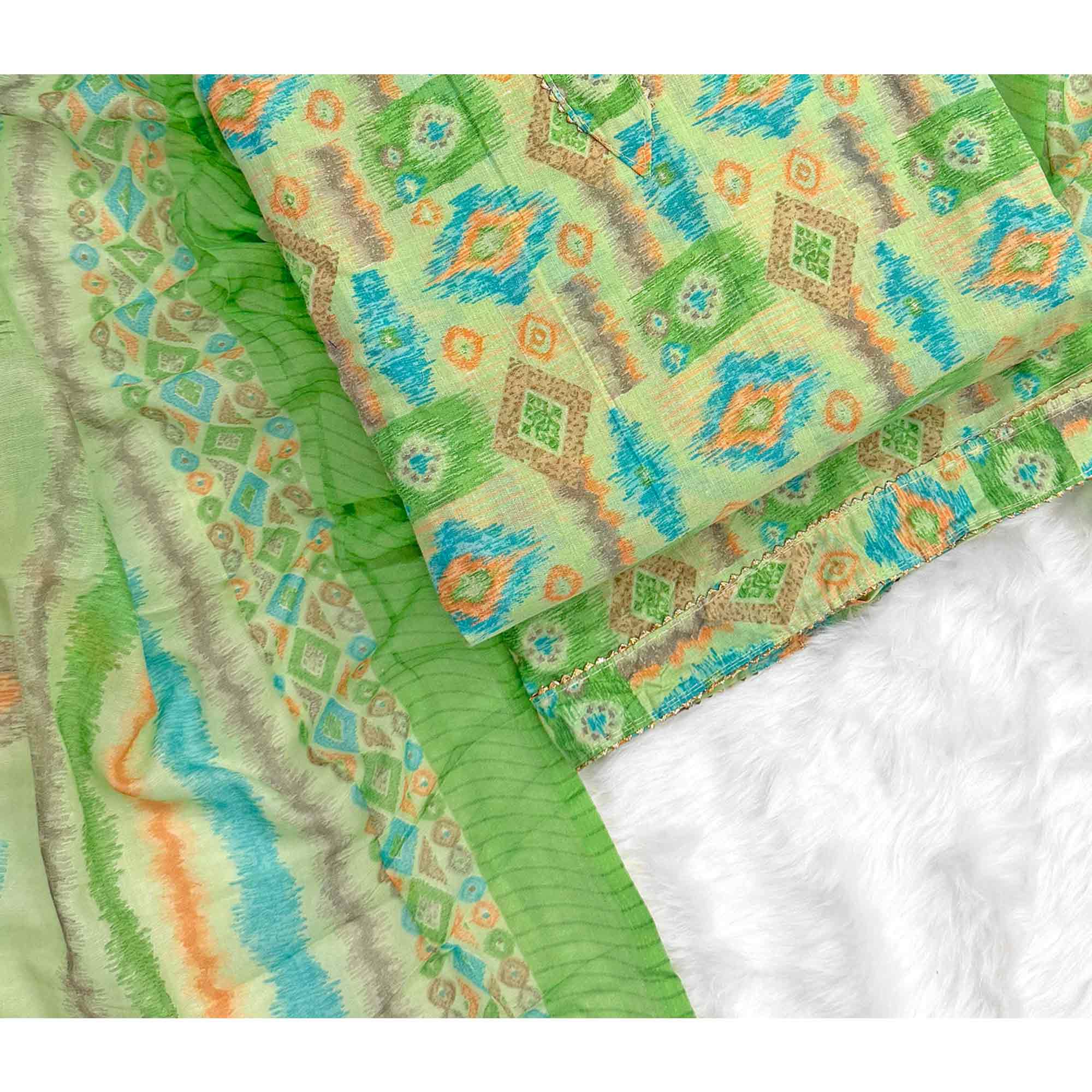 Green Contemporary Ikat & Geometric Style Print Pure Cotton Dress Material With Decorative Button