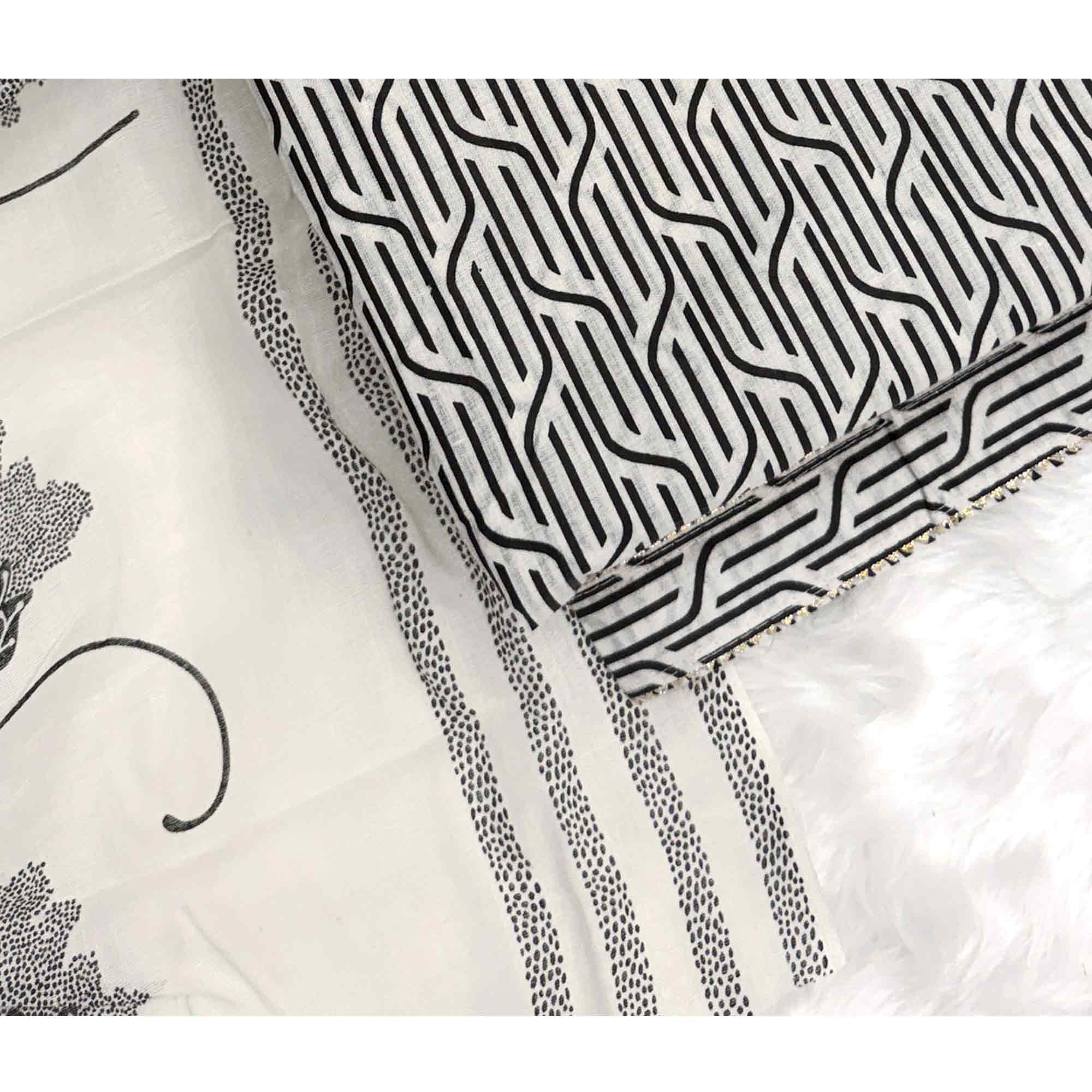 Trendy Black Geometric Print Pure Cotton Dress Material Featuring Stylish Tie Neck & Fancy Button