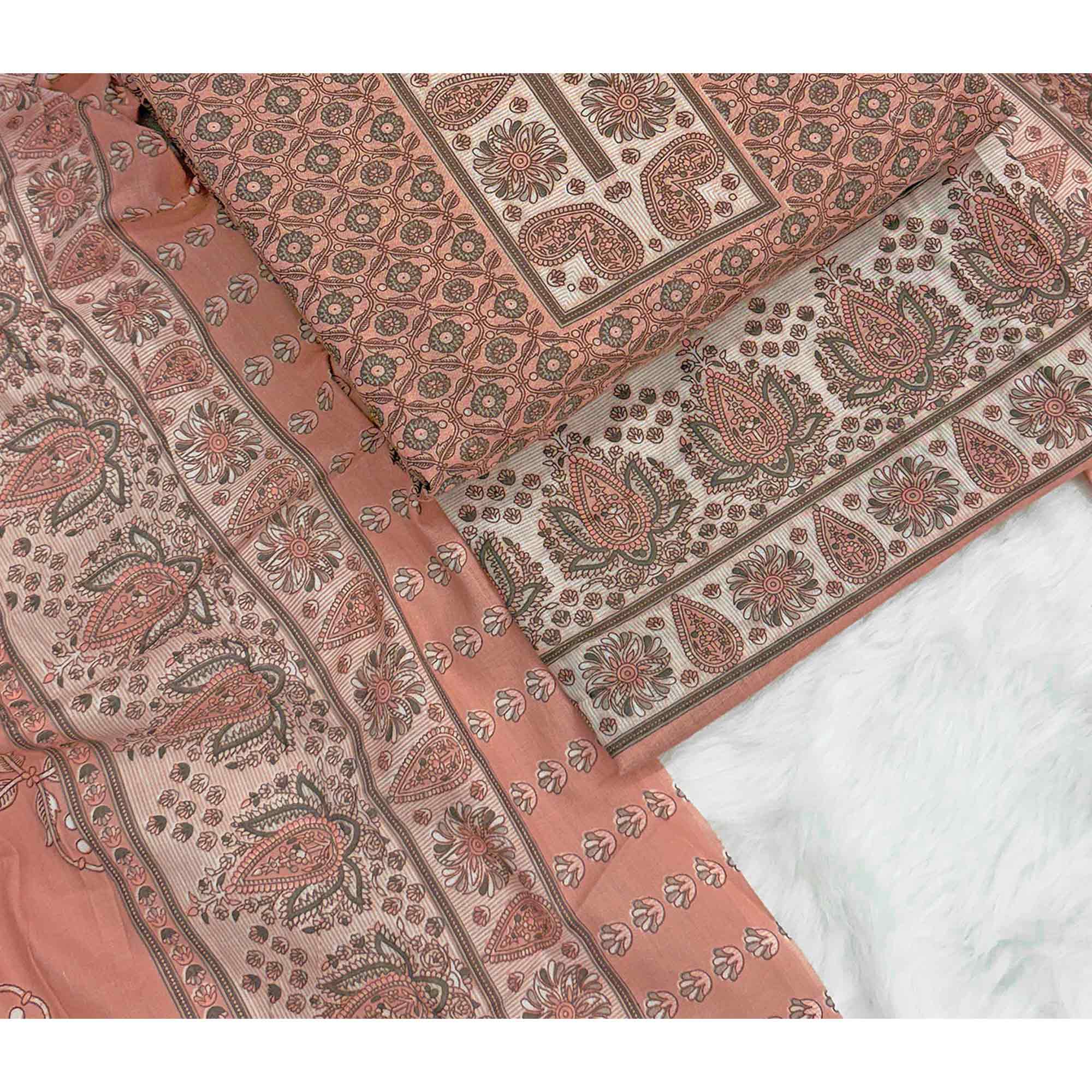 Vibrant Peach Floral Print Pure Cotton Dress Material With Refined Craftsmanship