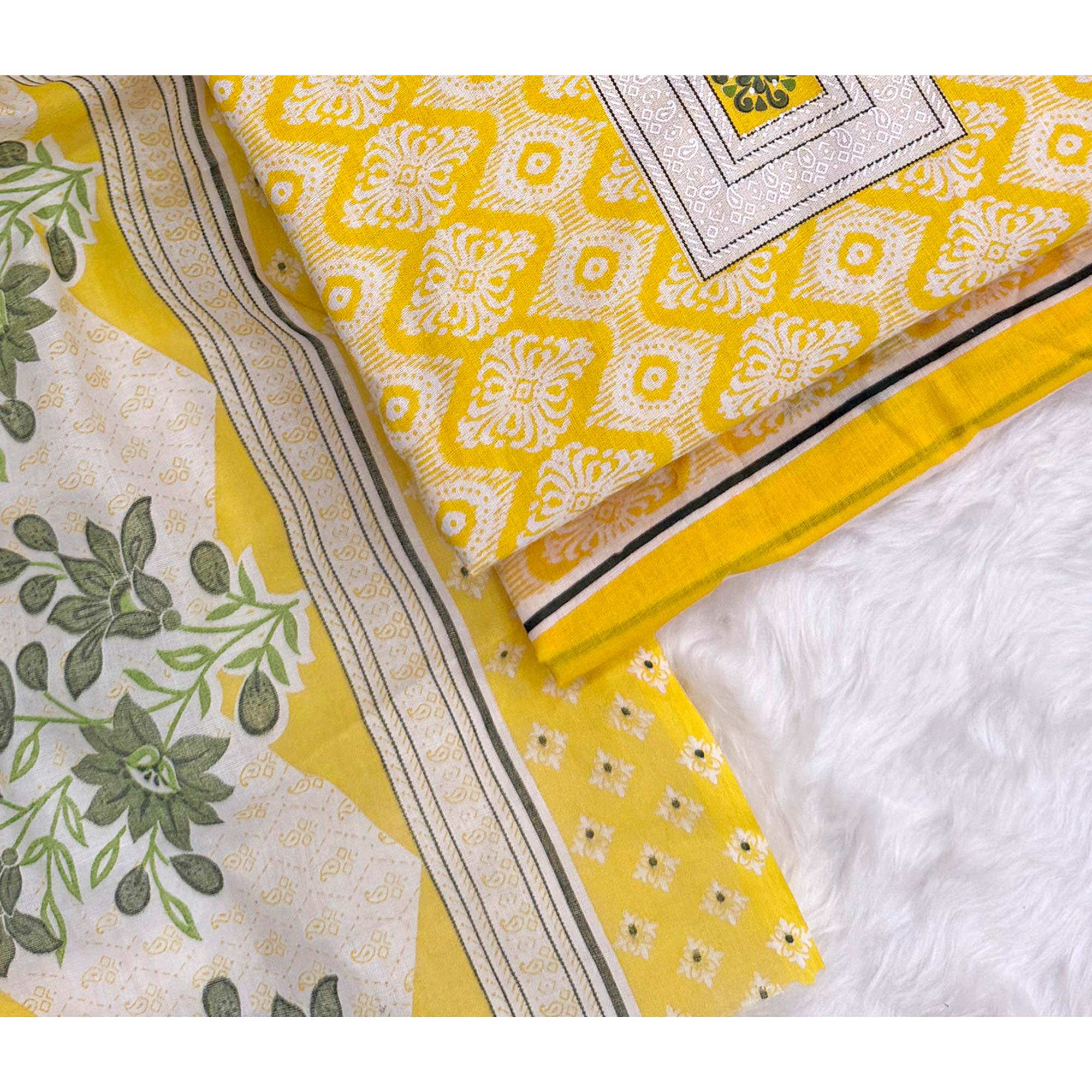 Charming Yellow Pure Cotton Dress Material With Delicate Floral Print