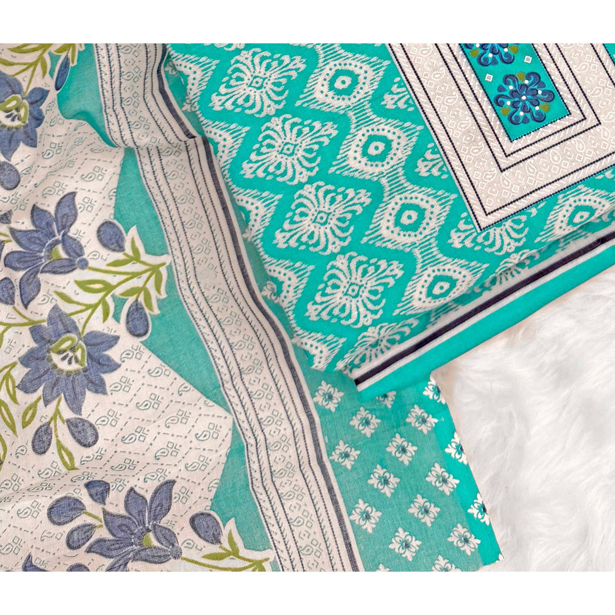Charming Turquoise Pure Cotton Dress Material With Delicate Floral Print