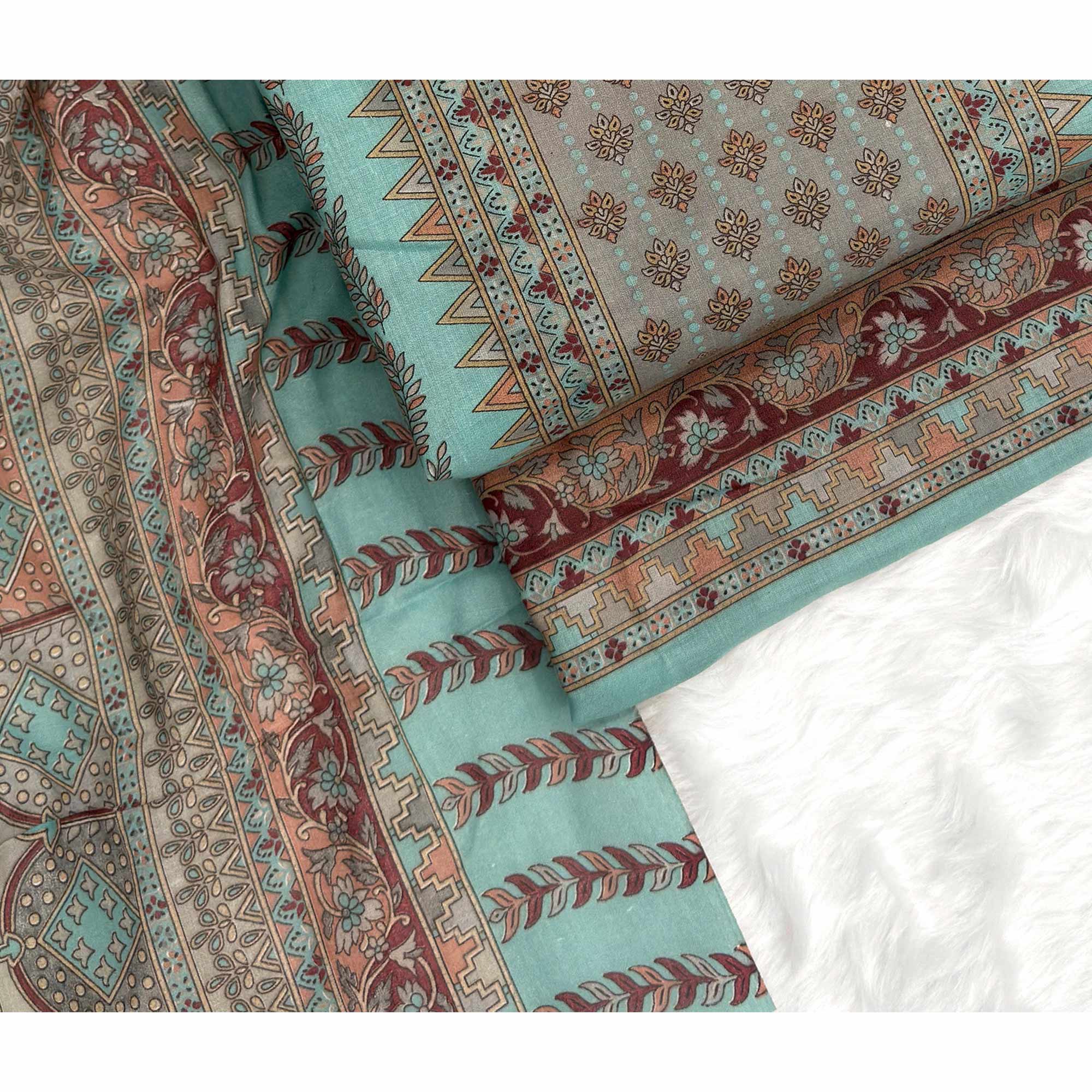 Vibrant Turquoise Pure Cotton Dress Material Featuring Artistic Floral Print