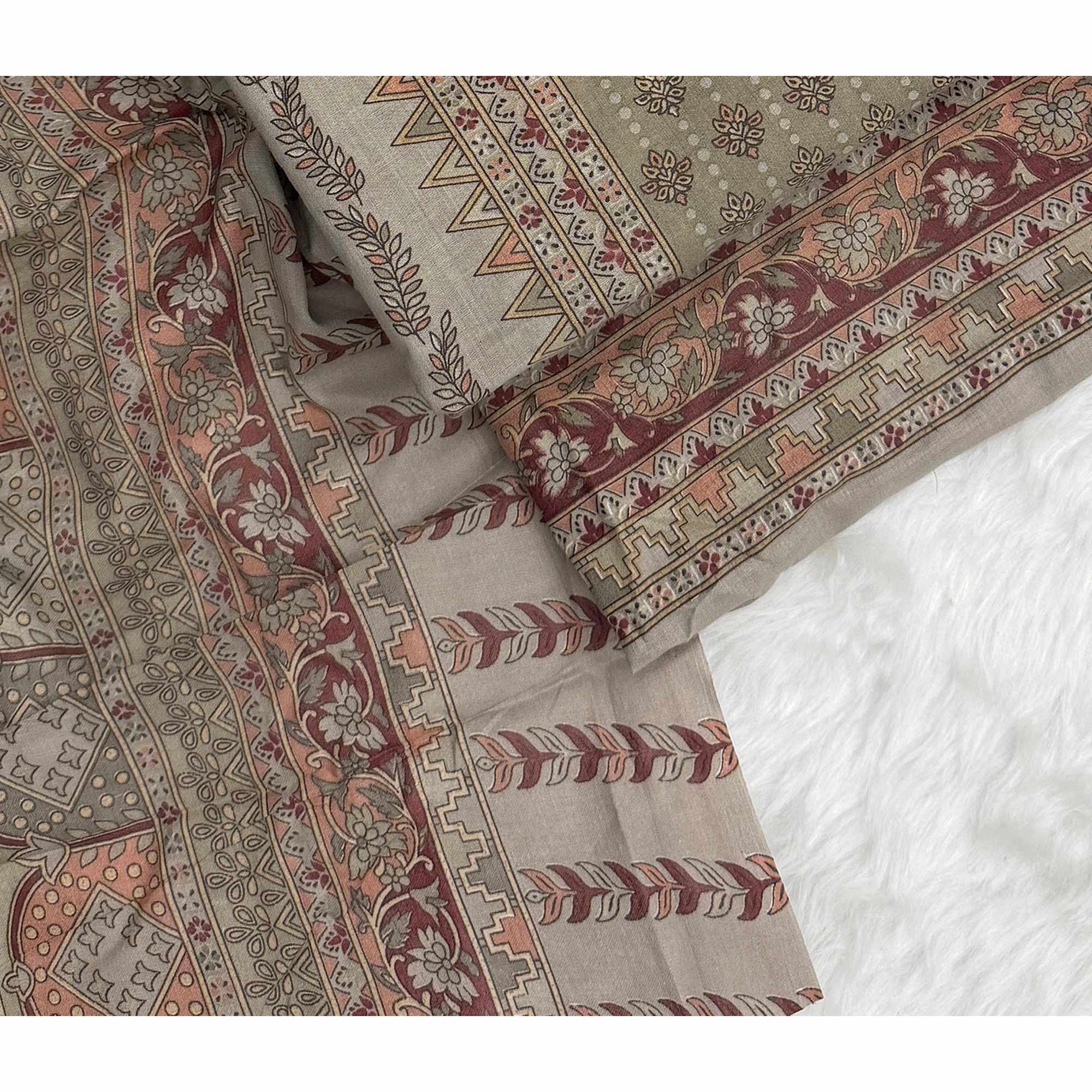 Vibrant Grey Pure Cotton Dress Material Featuring Artistic Floral Print