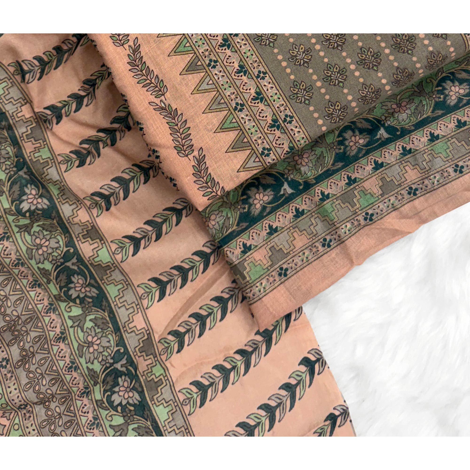 Vibrant Peach Pure Cotton Dress Material Featuring Artistic Floral Print