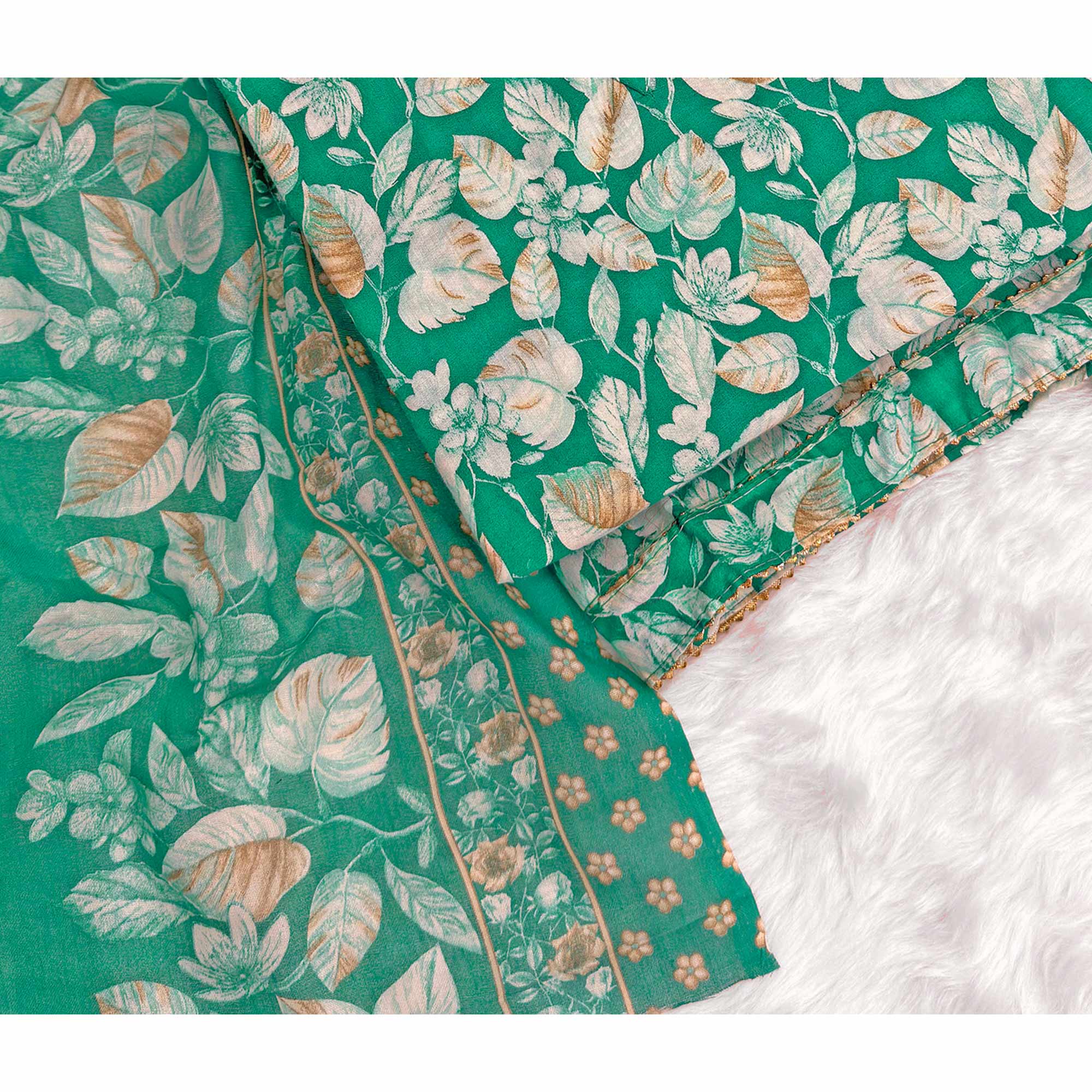 Charming Green Pure Cotton Dress Material Featuring Floral Print With Tie On Neck & Fancy Button