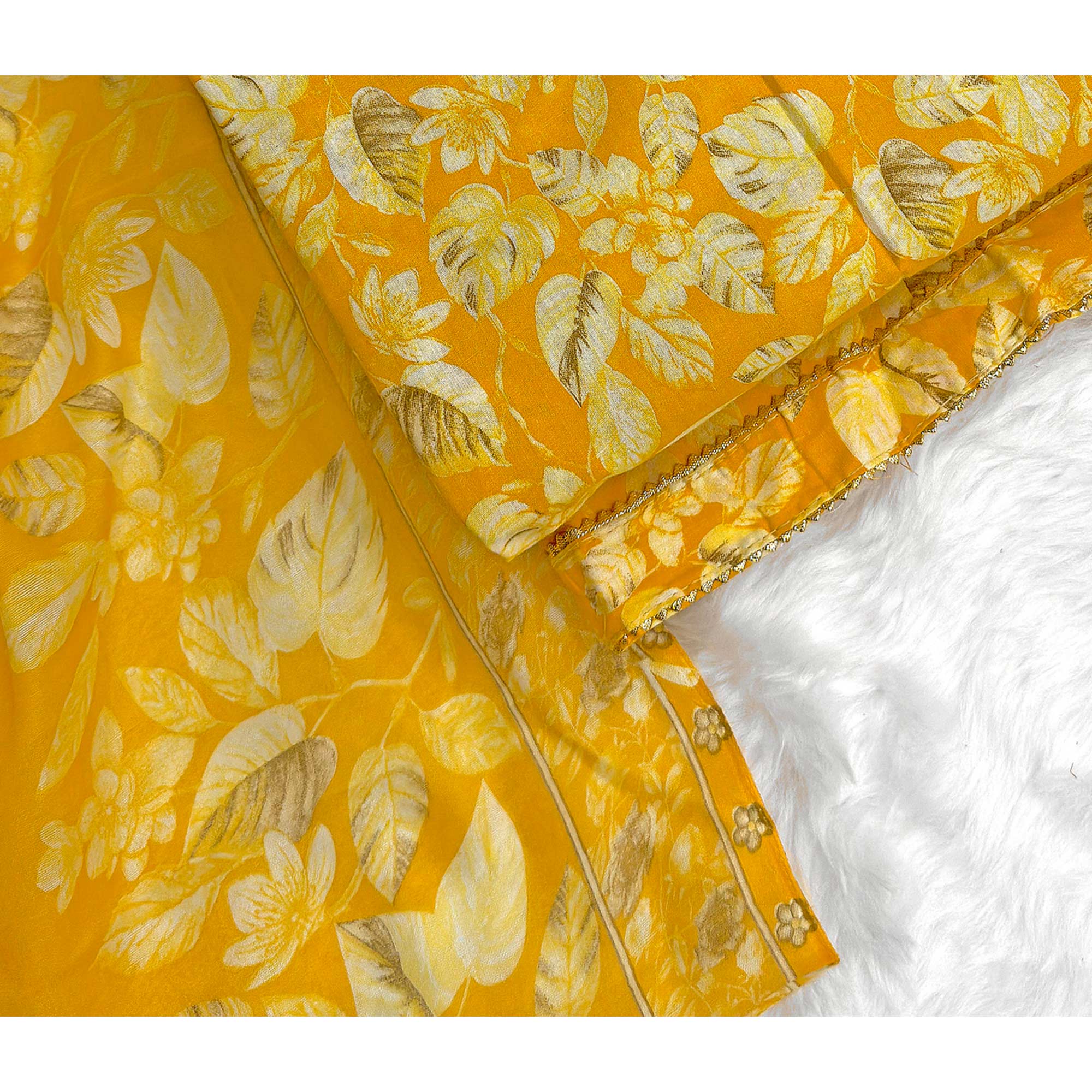 Charming Mustard Pure Cotton Dress Material Featuring Floral Print With Tie On Neck & Fancy Button