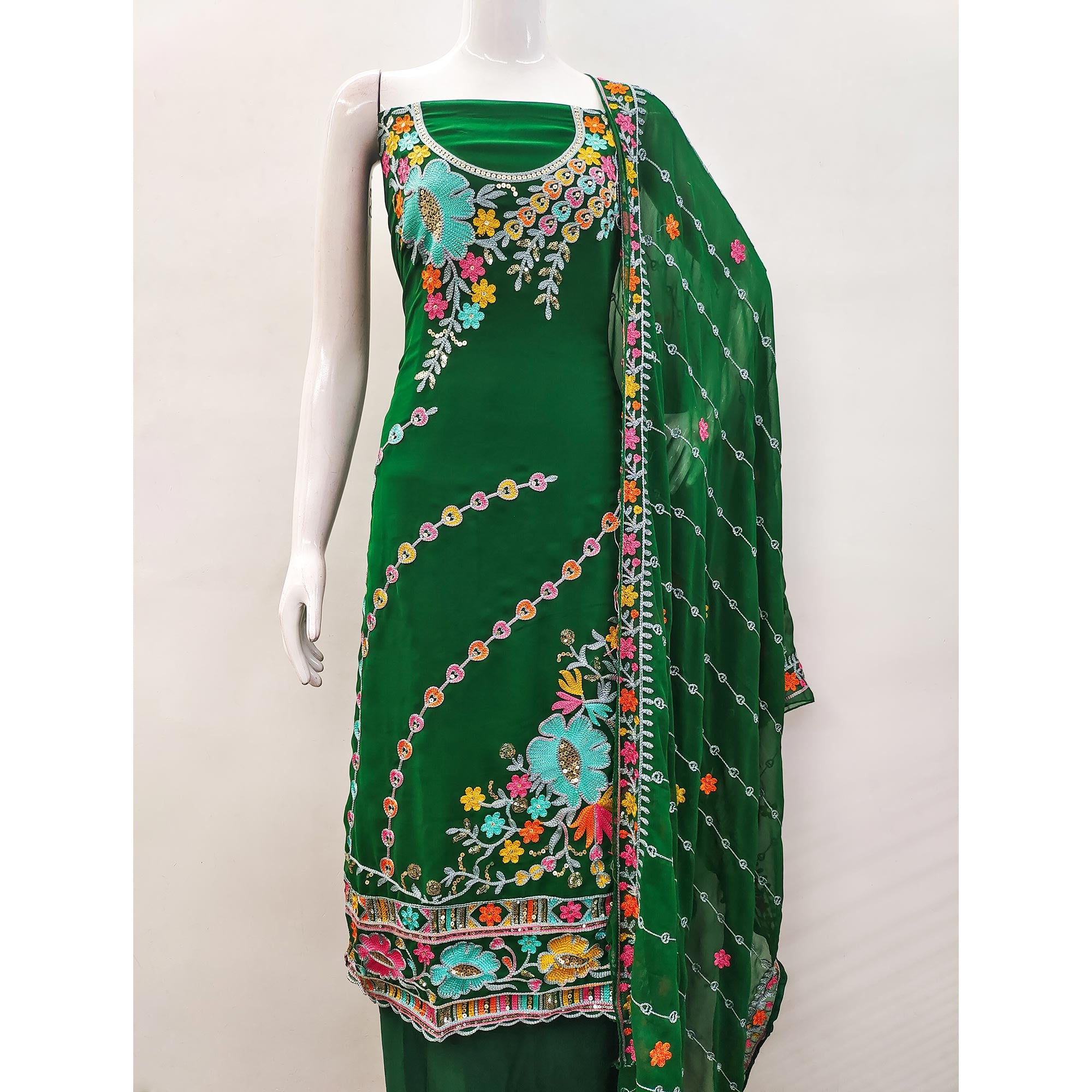 Dark Green Floral Sequins Embroidered Georgette Dress Material