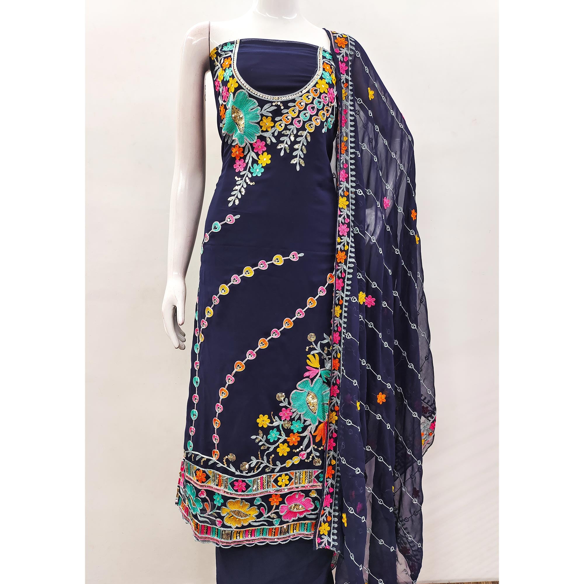 Navy Blue Floral Sequins Embroidered Georgette Dress Material