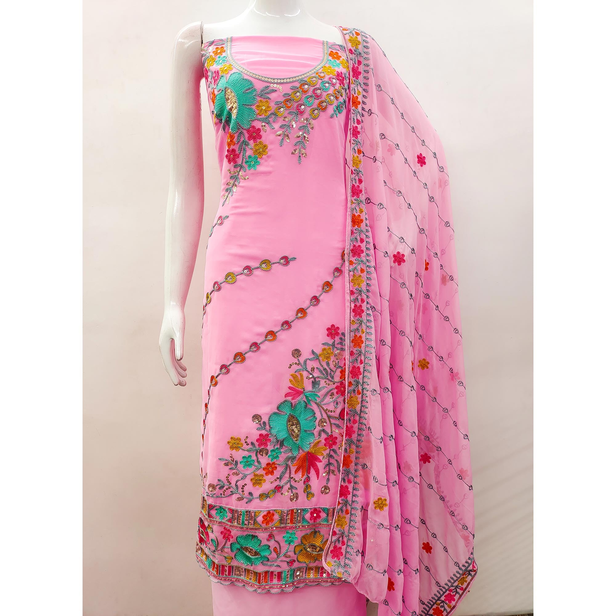 Pink Floral Sequins Embroidered Georgette Dress Material