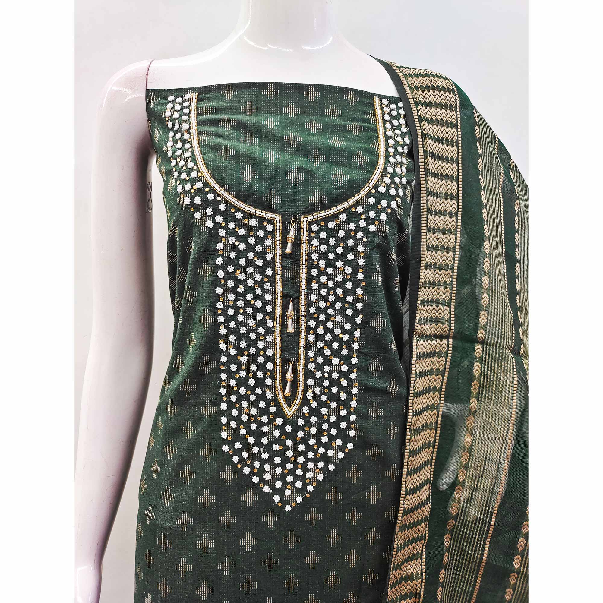 Green Woven With Handwork Cotton Blend Dress Material