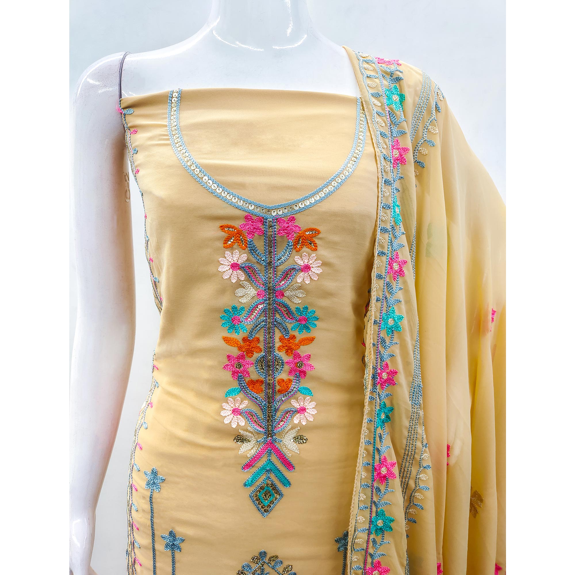 Chikoo Floral Sequins Embroidered Georgette Dress Material