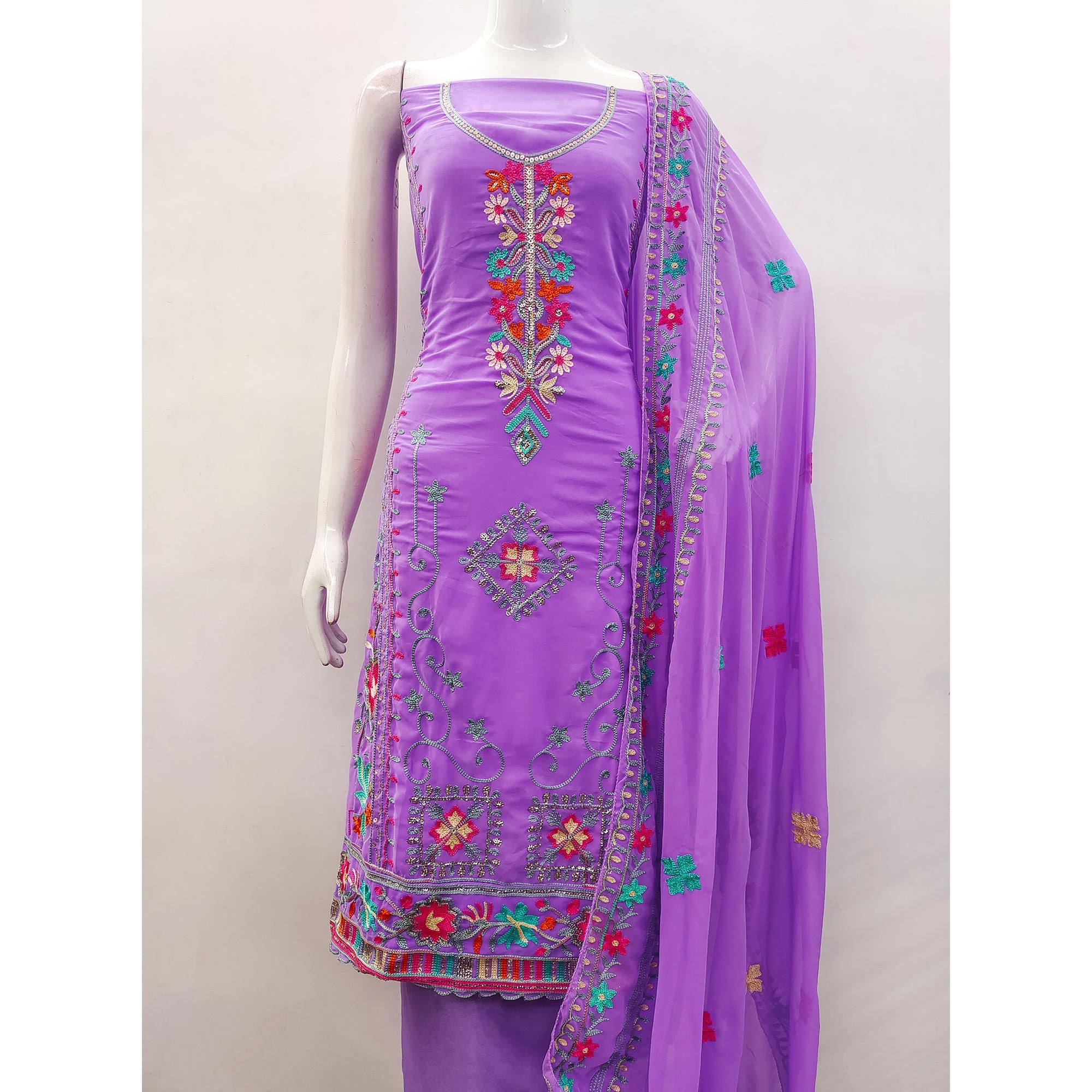 Lavender Floral Sequins Embroidered Georgette Dress Material