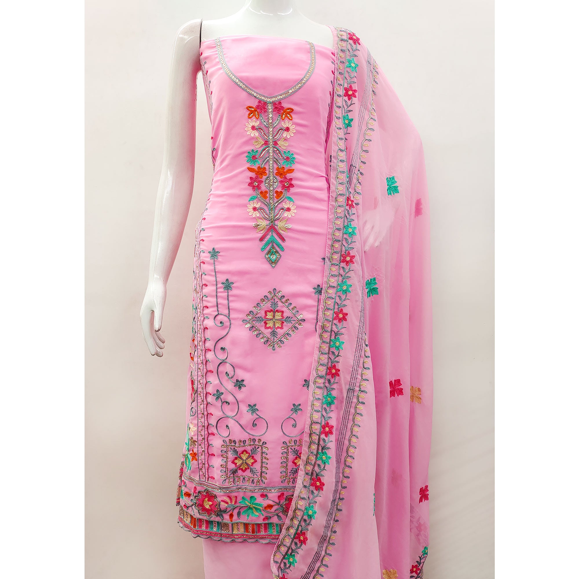 Pink Floral Sequins Embroidered Georgette Dress Material
