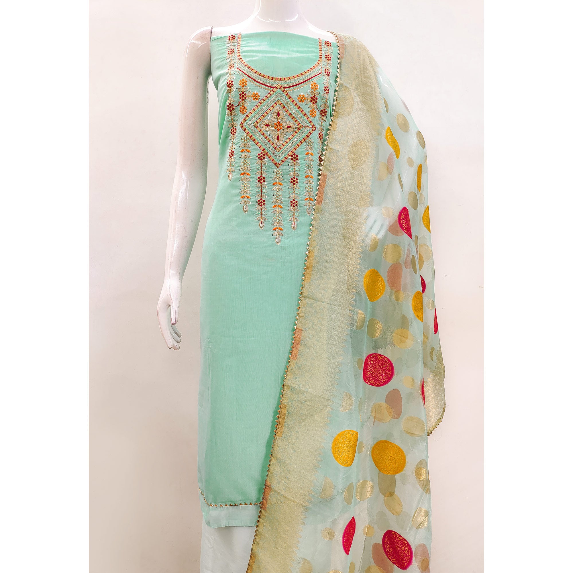 Turquoise Floral Sequins Embroidered Chanderi Dress Material