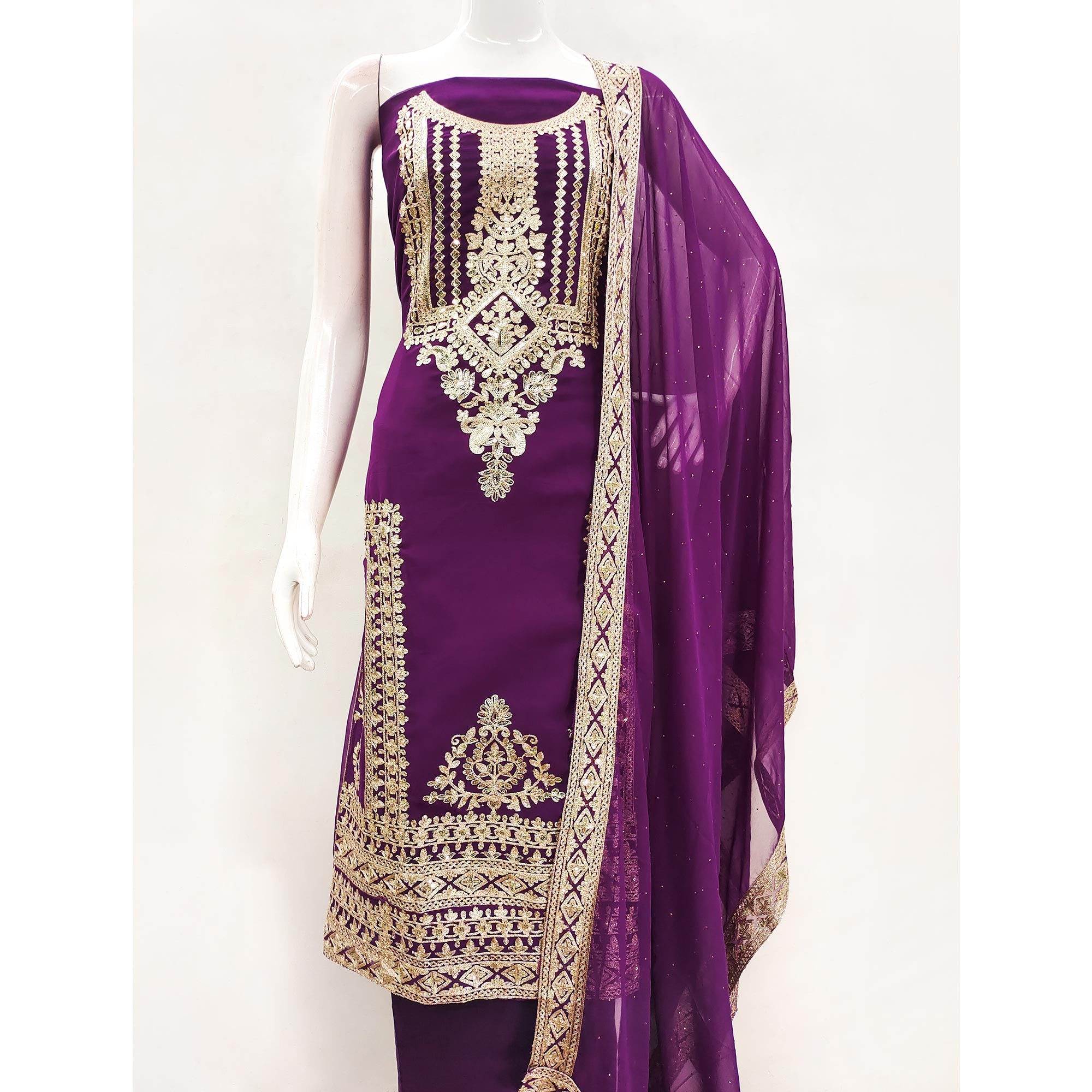 Purple Floral Sequins Embroidered Georgette Dress Material
