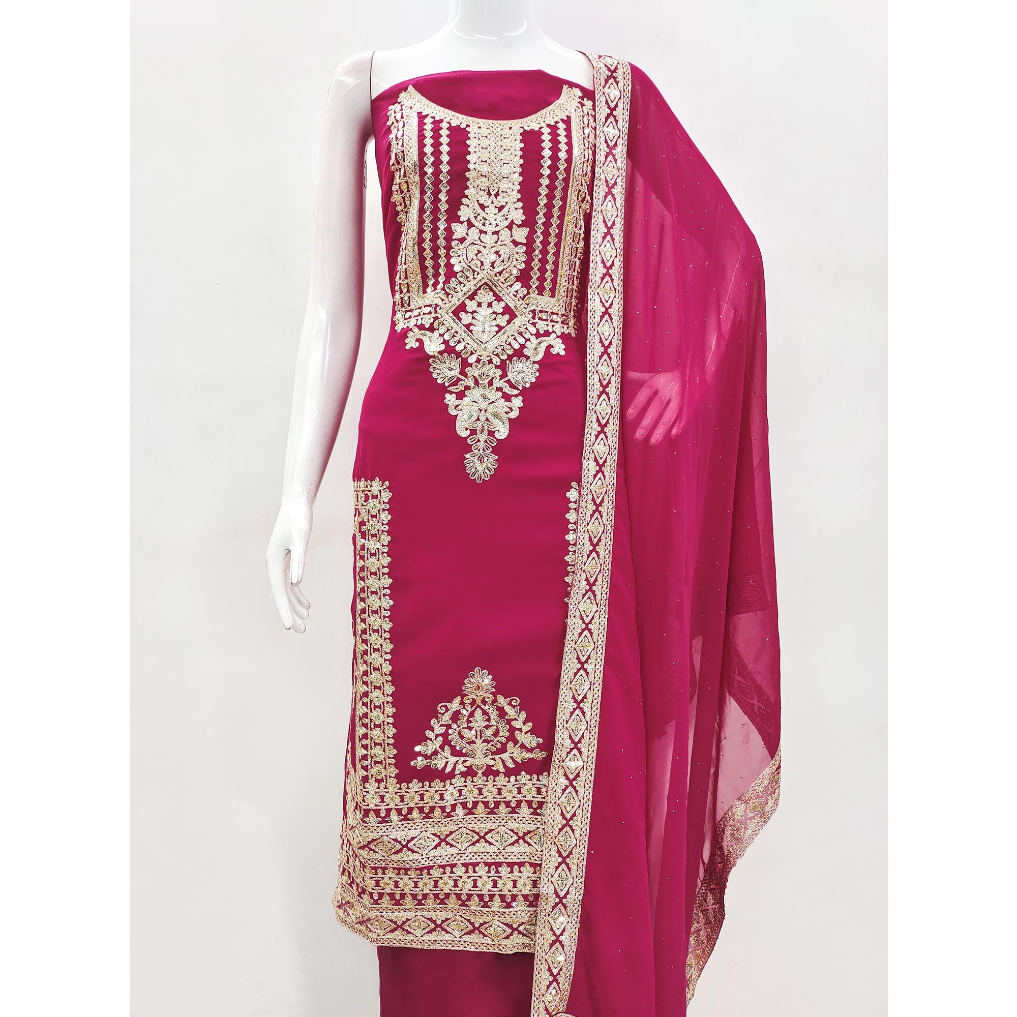Rani Pink Floral Sequins Embroidered Georgette Dress Material