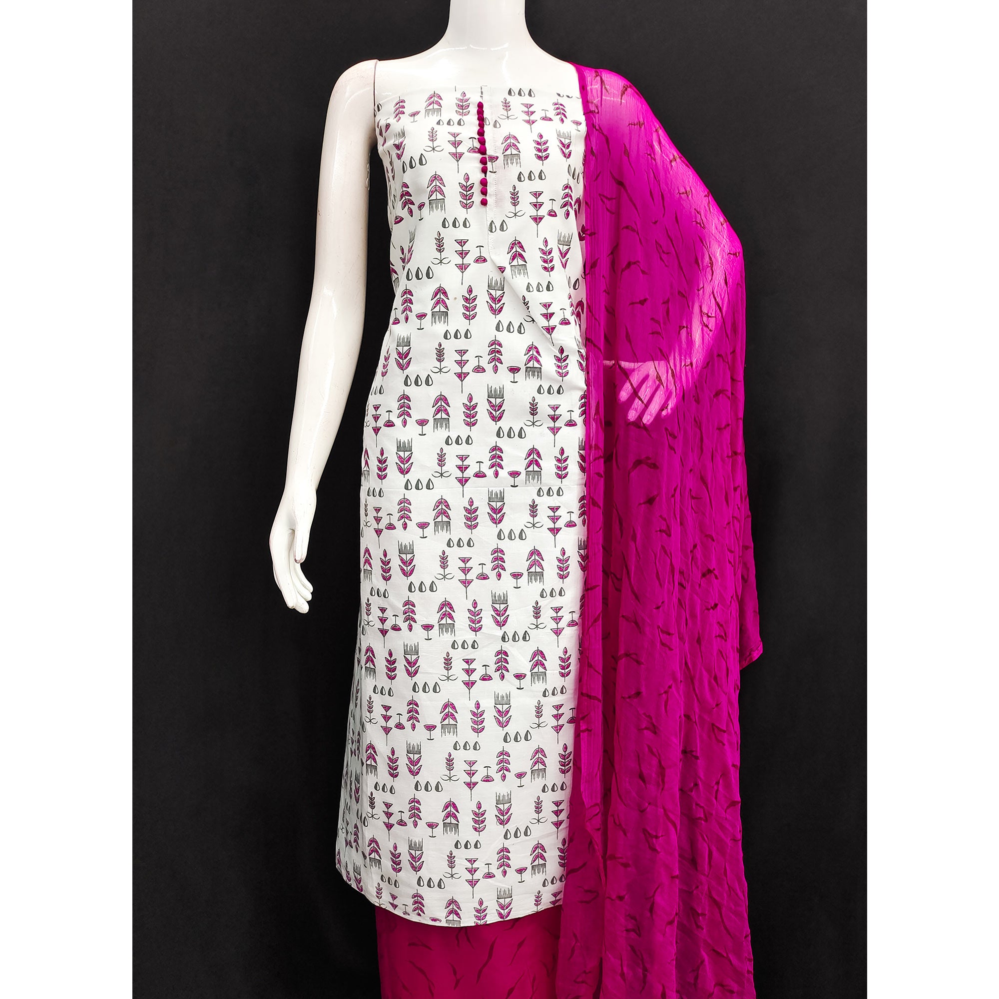 White & Rani Pink Floral Printed Cotton Blend Dress Material