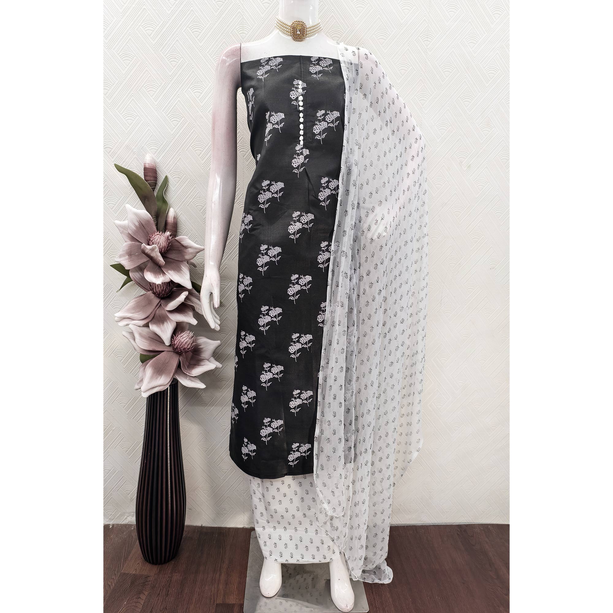 Black Cotton Blend Fabric Featuring Subtle and Elegant Floral Prints