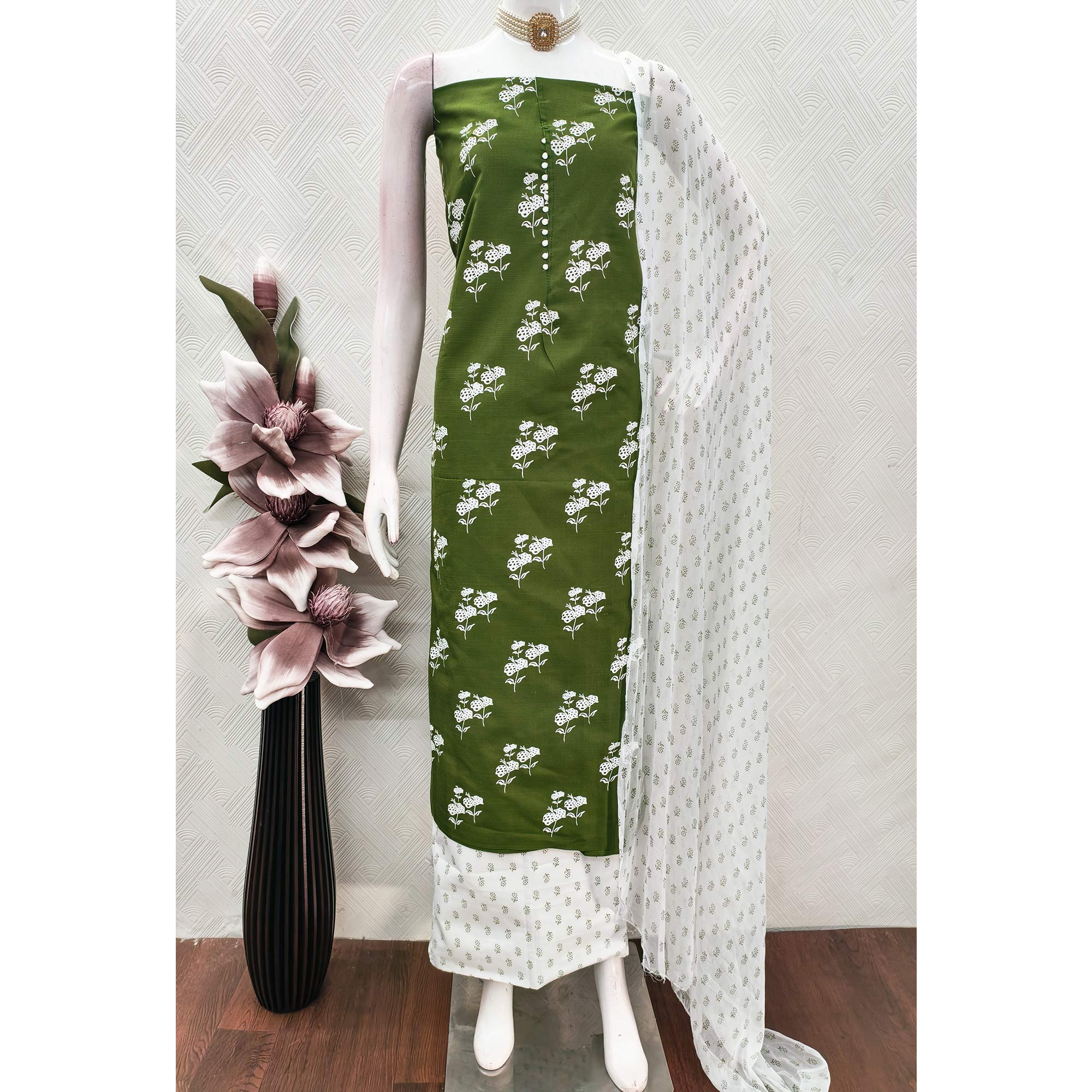 Dark Green Cotton Blend Fabric Featuring Subtle and Elegant Floral Prints