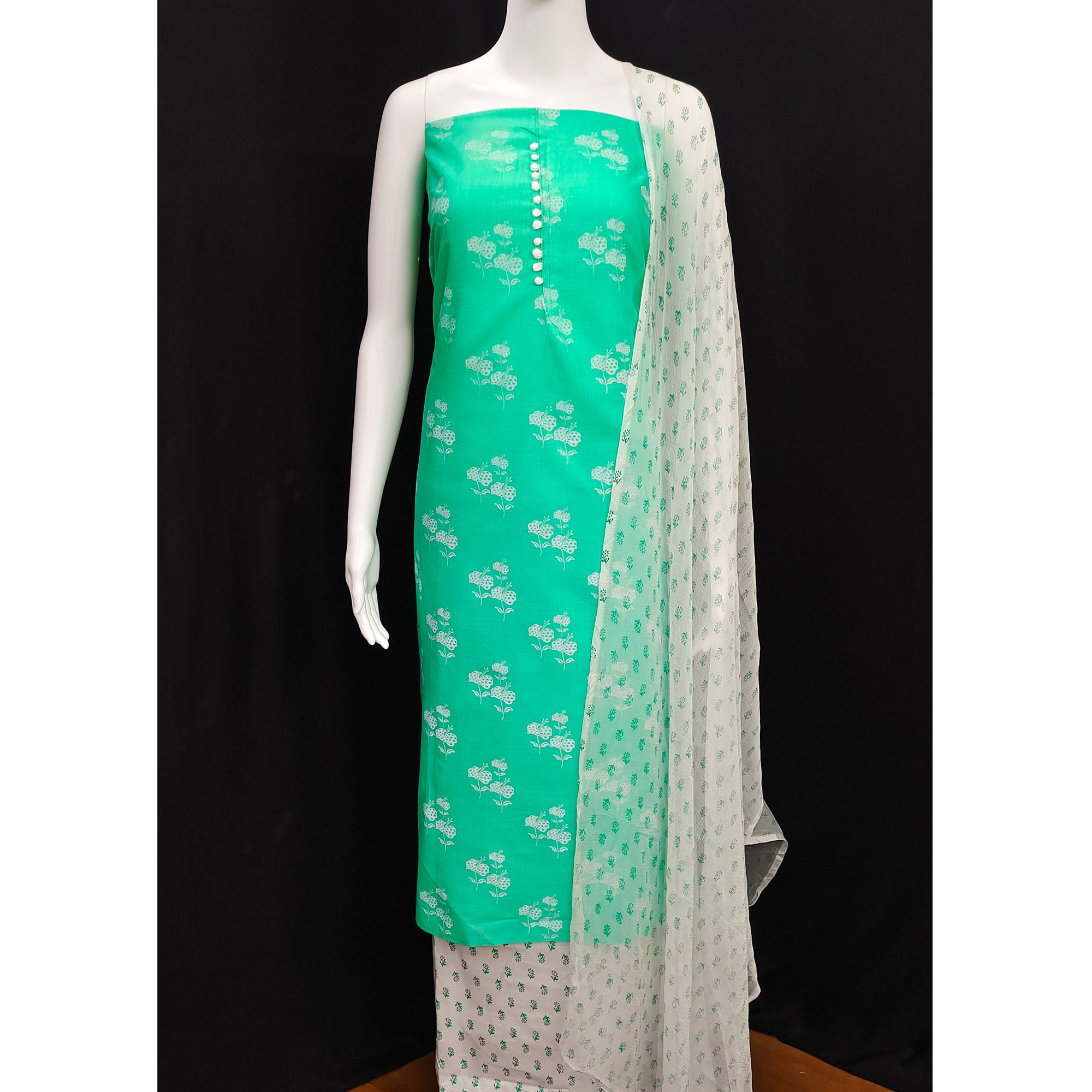 Turquoise Cotton Blend Floral Printed Dress Material