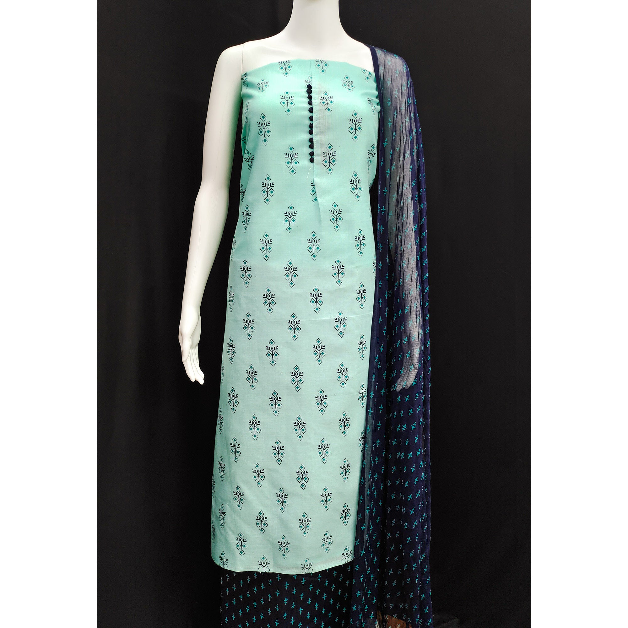 Blue Floral Printed Cotton Blend Dress Material
