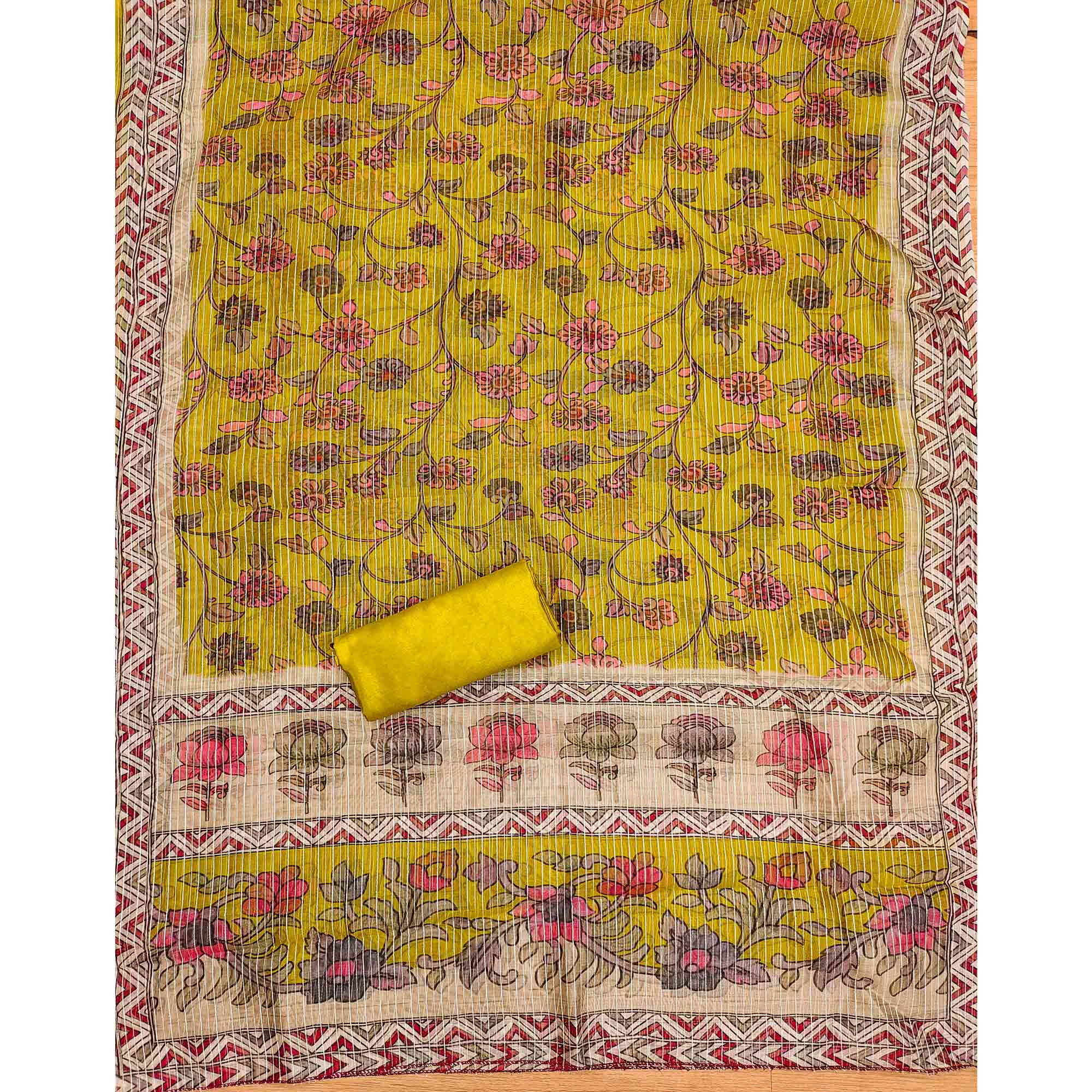 Mustard Floral Embroidered Chanderi Silk Dress Material