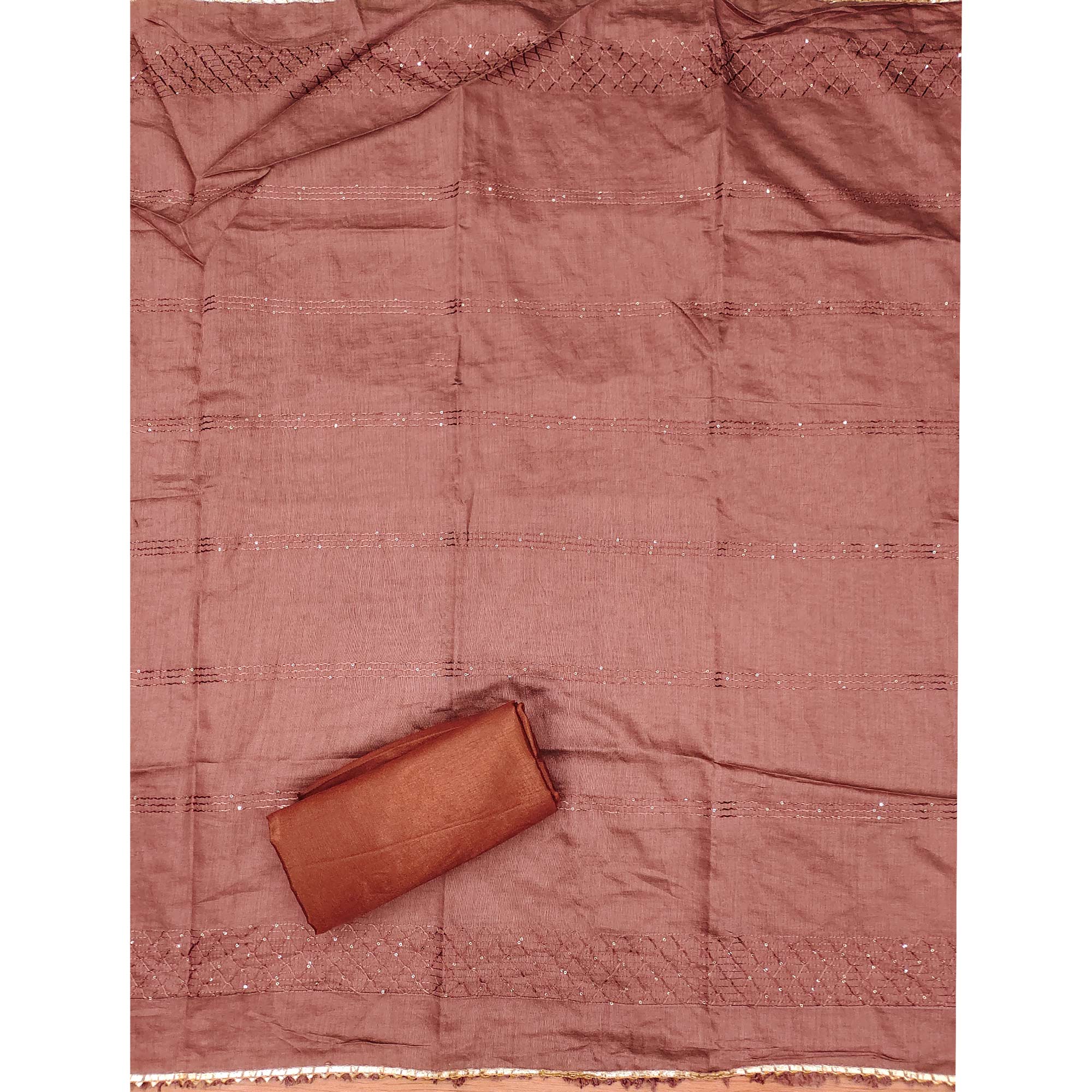 Rust Sequins Embroidered With Printed Organza Dress Material