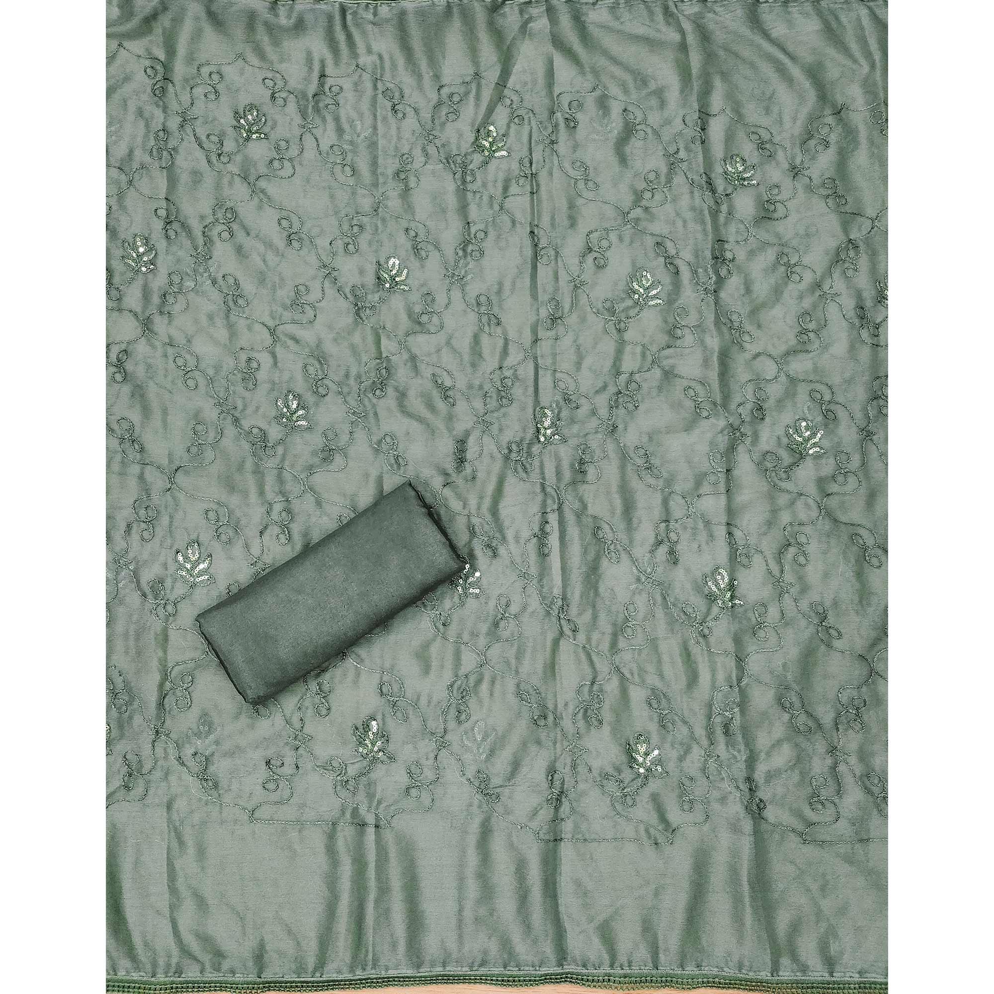 Light Green Floral Sequins Embroidered With Printed Organza Dress Material