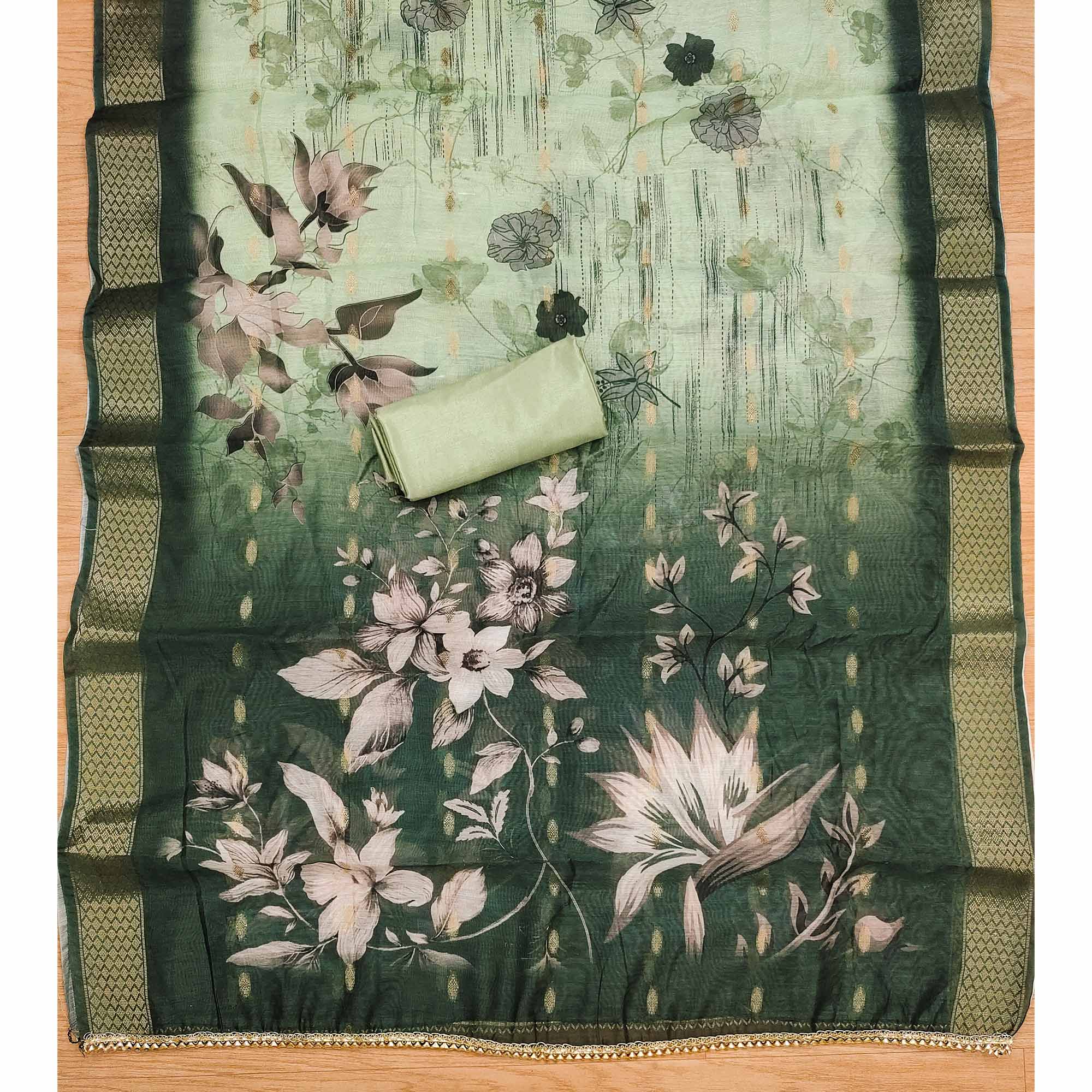 Green Floral Handwork Cotton Silk Dress Material