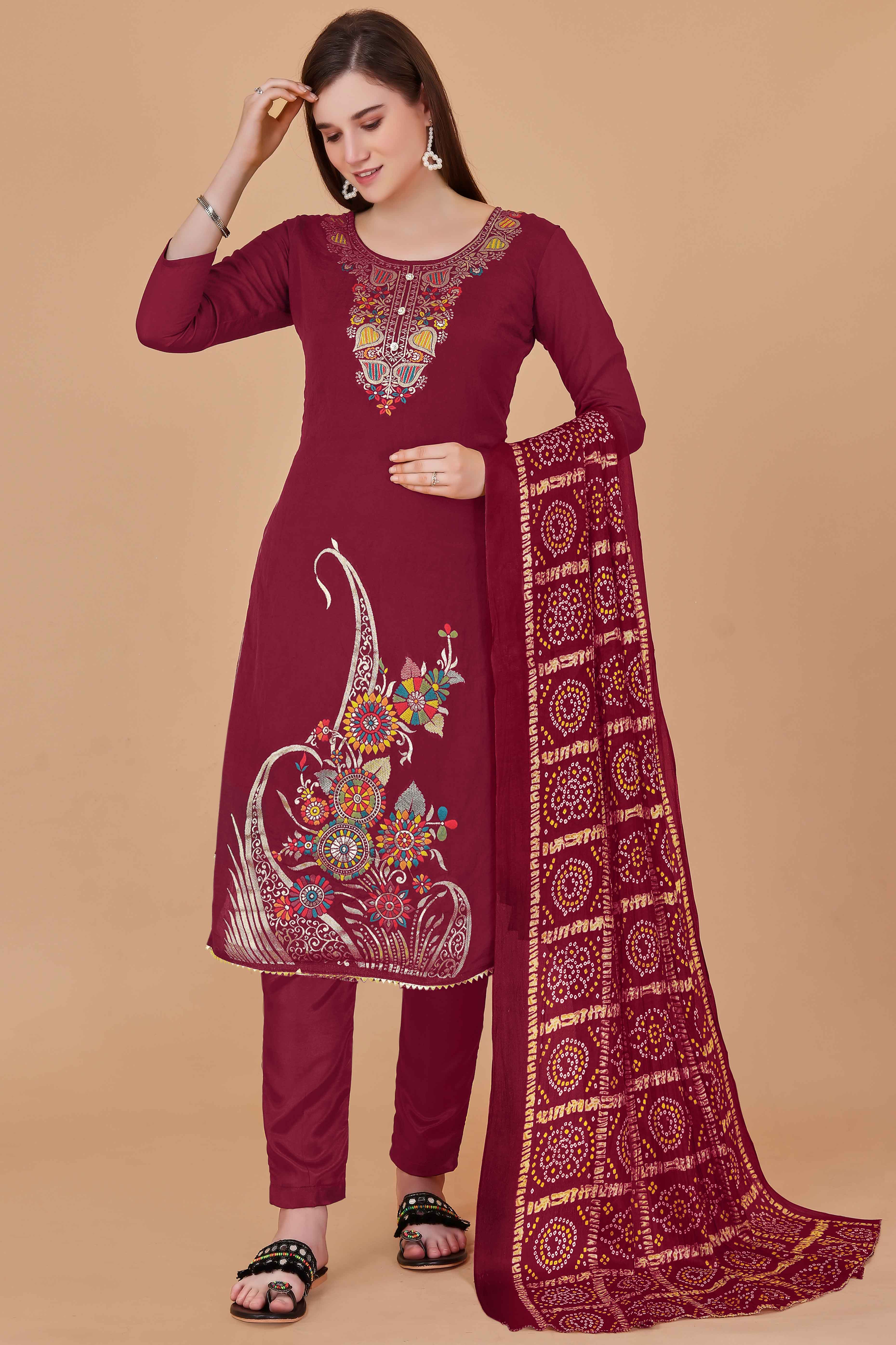 Maroon Floral Woven Chanderi Jacquard Dress Material